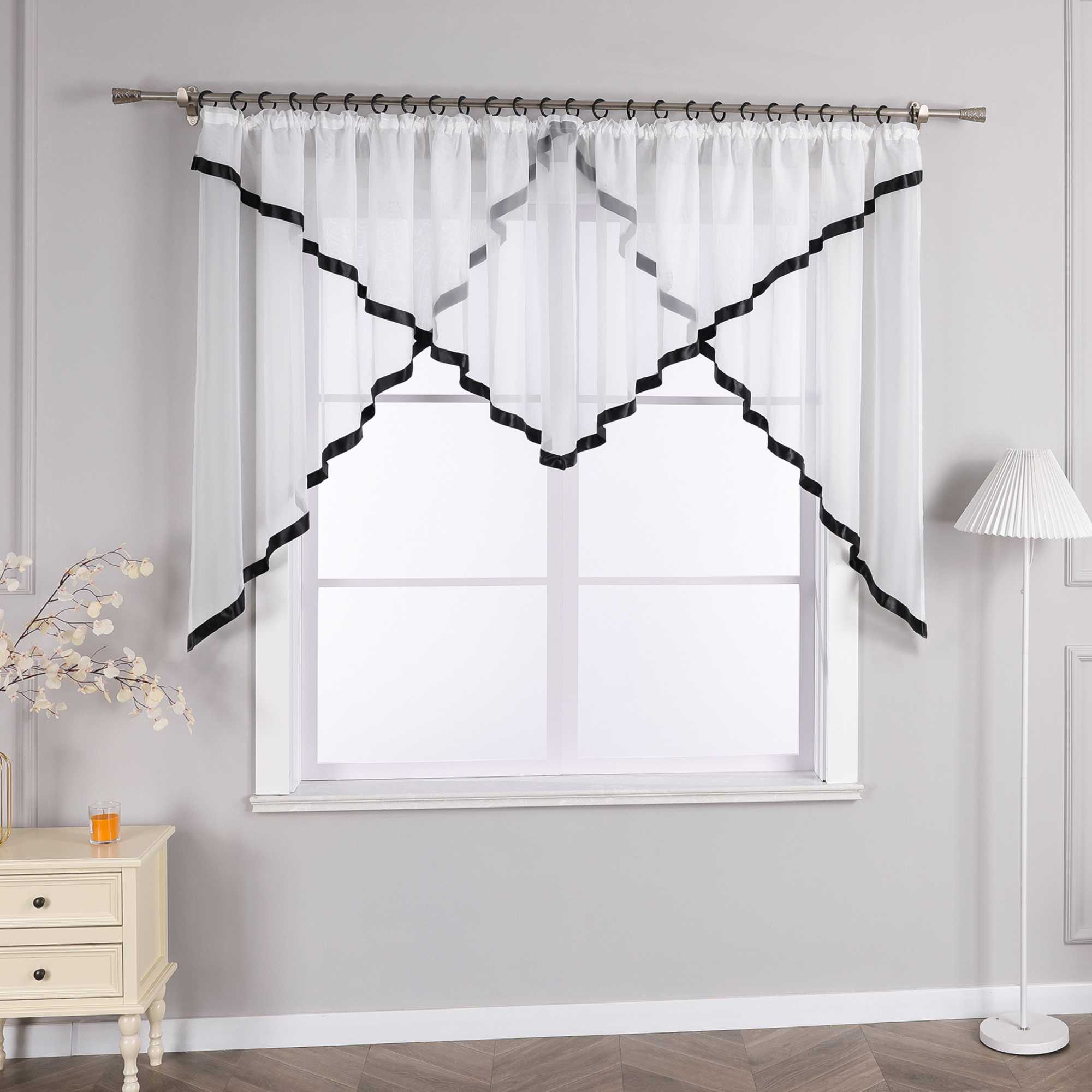 Cafe Curtain with Scalloped Edge, Satin Ribbon and Valance - Red, H x W 120 x 300cm