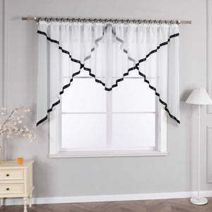 Cafe Curtain with Scalloped Edge, Satin Ribbon and Valance - Red, H x W 120 x 300cm