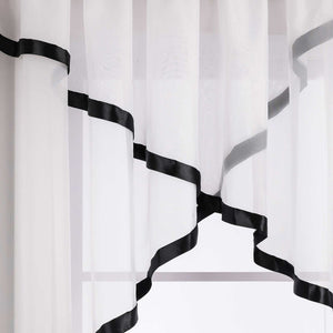 Cafe Curtain with Scalloped Edge, Satin Ribbon and Valance - Red, H x W 145 x 450cm