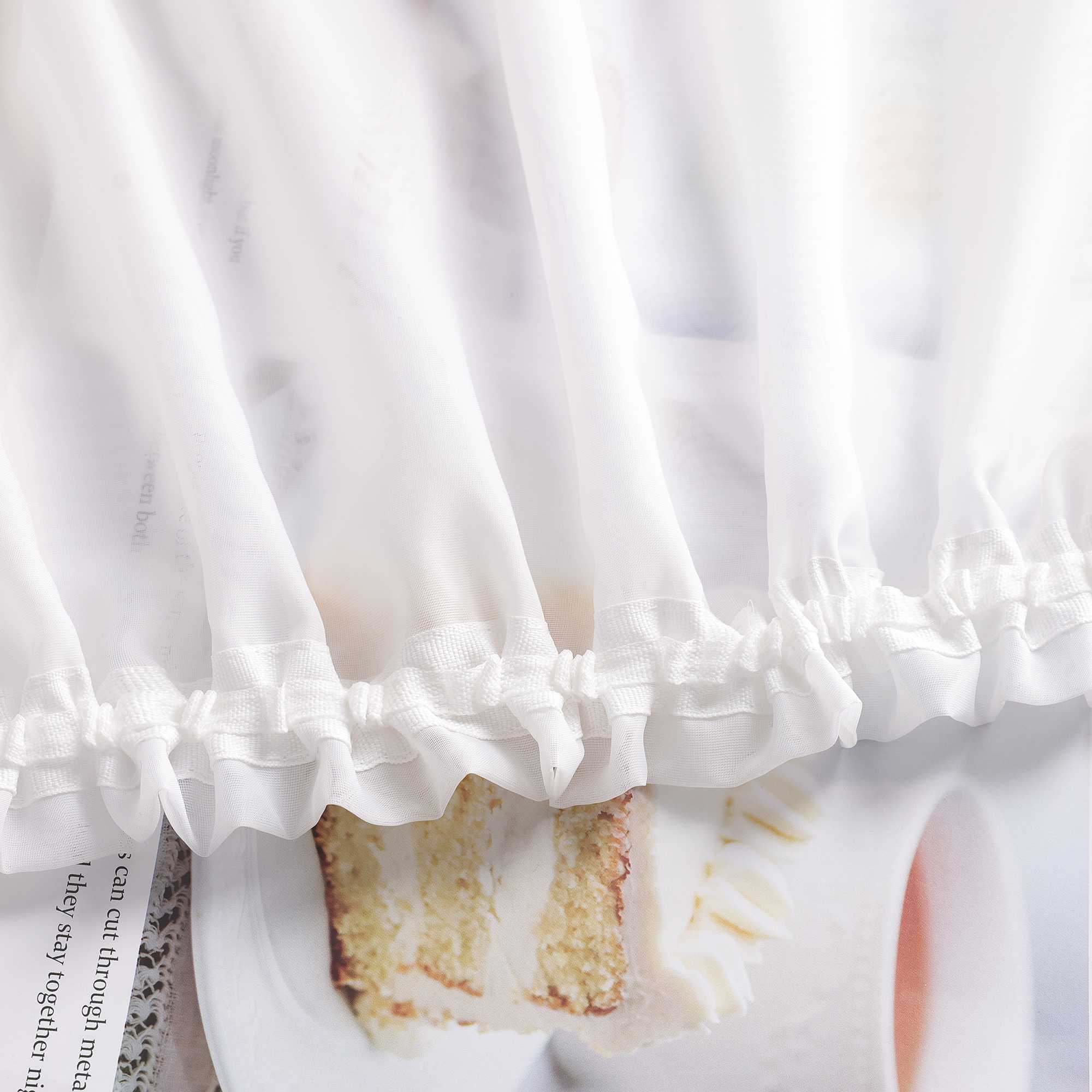 Cafe Curtain with Scalloped Edge, Satin Ribbon and Valance - White, H x W 120 x 600cm