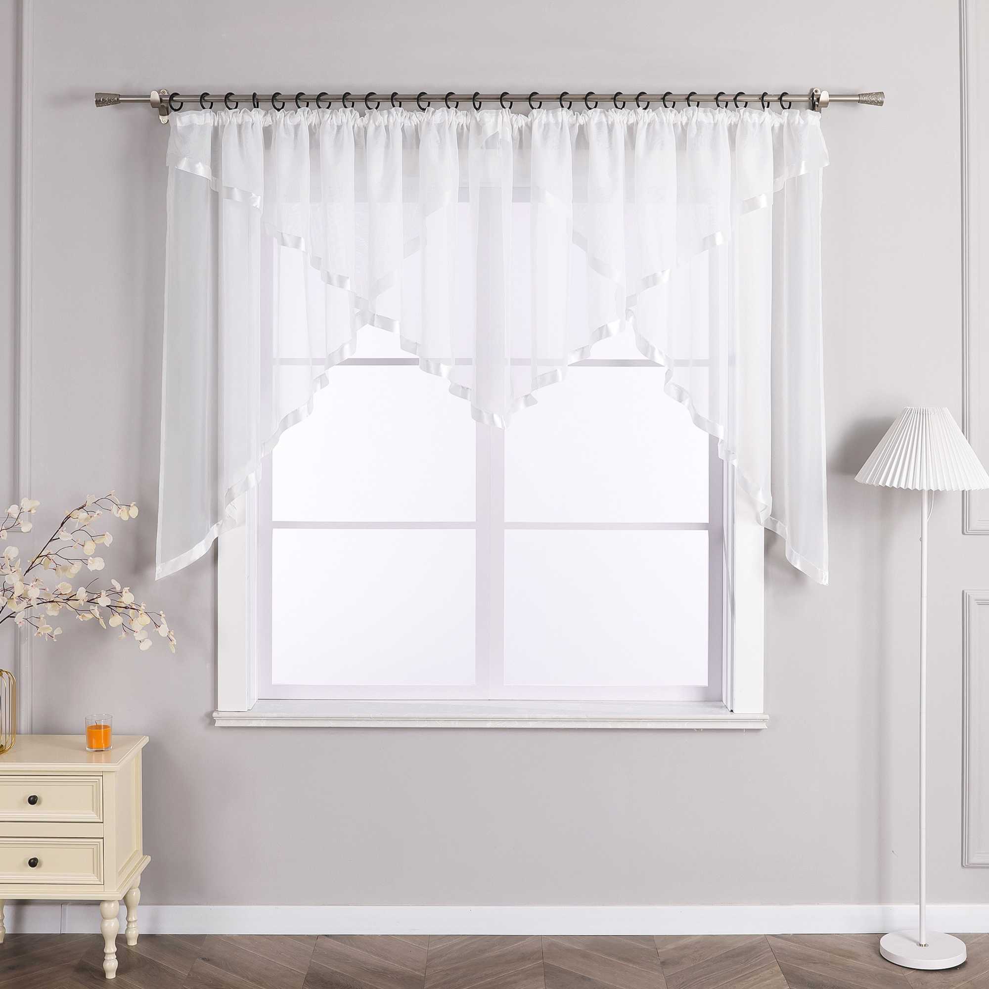 Cafe Curtain with Scalloped Edge, Satin Ribbon and Valance - White, H x W 120 x 300cm