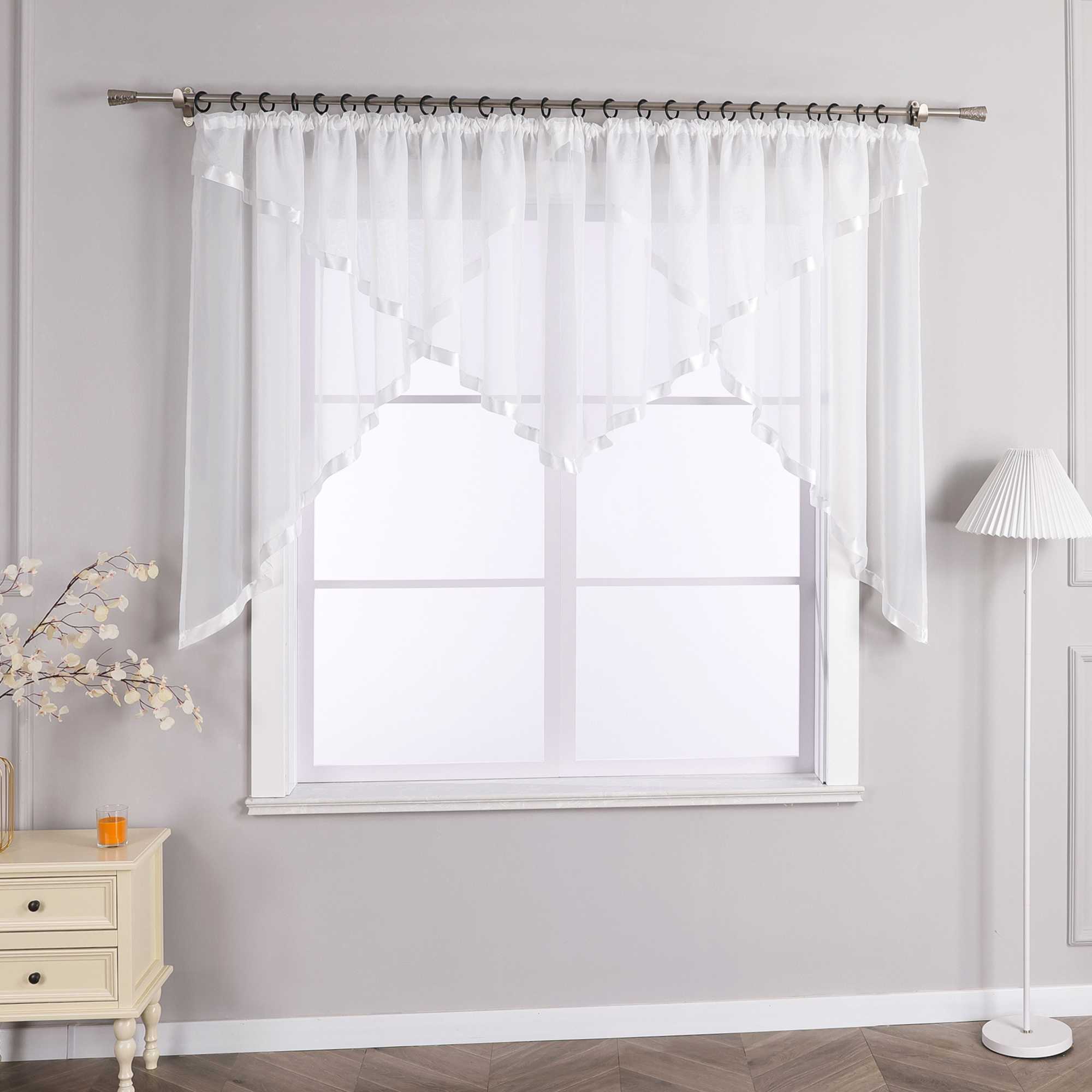 Cafe Curtain with Scalloped Edge, Satin Ribbon and Valance - White, H x W 145 x 300cm