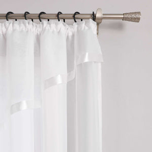 Cafe Curtain with Scalloped Edge, Satin Ribbon and Valance - White, H x W 145 x 450cm