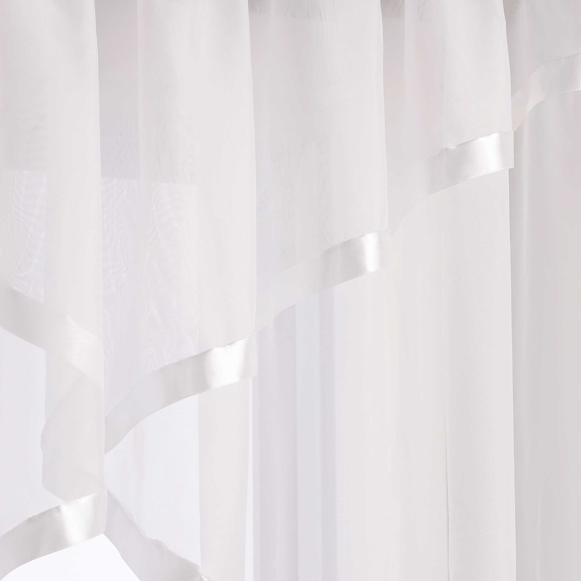 Cafe Curtain with Scalloped Edge, Satin Ribbon and Valance - White, H x W 120 x 450cm