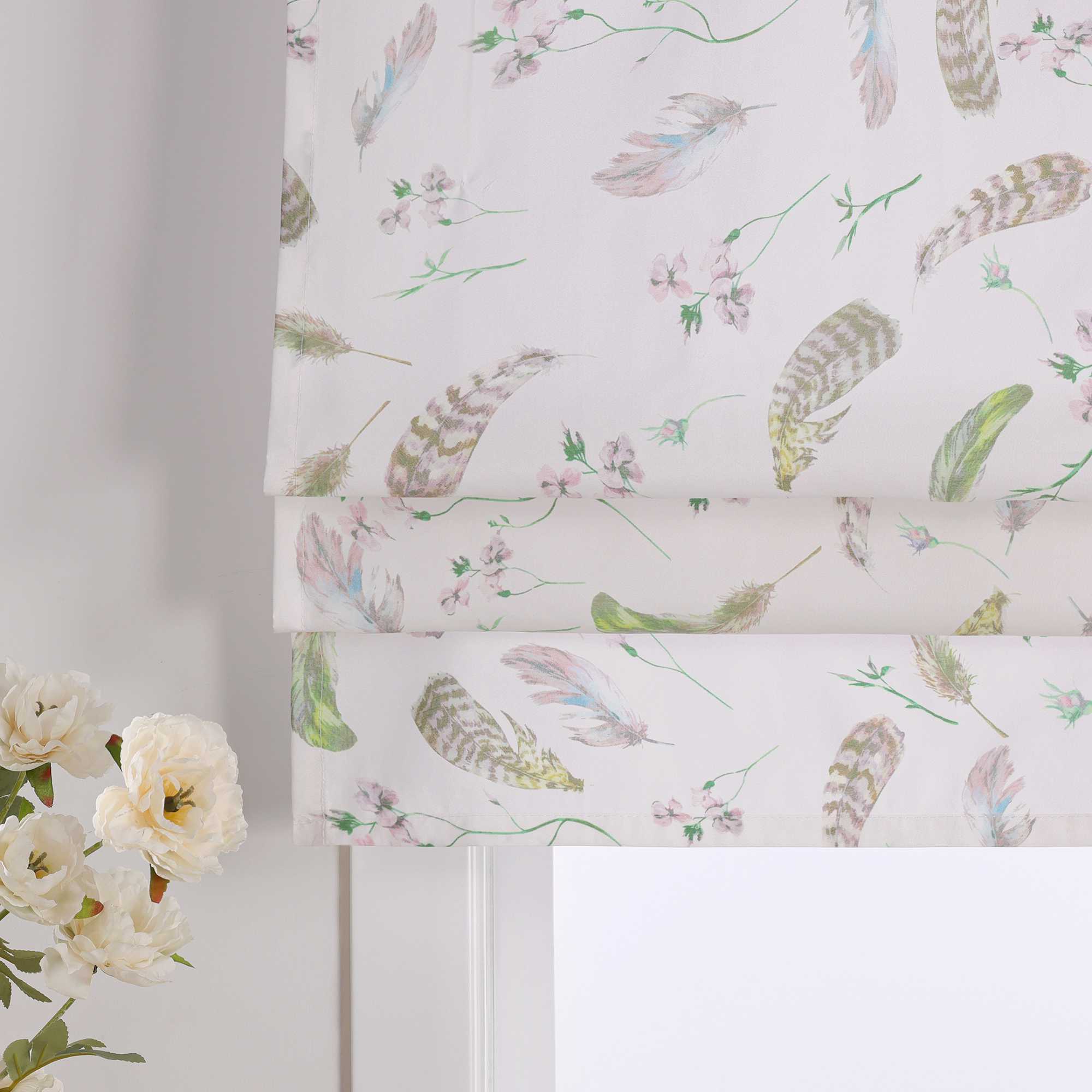 Roman Shade with Tab Tops Voile with Feather Print Semi-Sheer - White, W x H 140 x 140cm