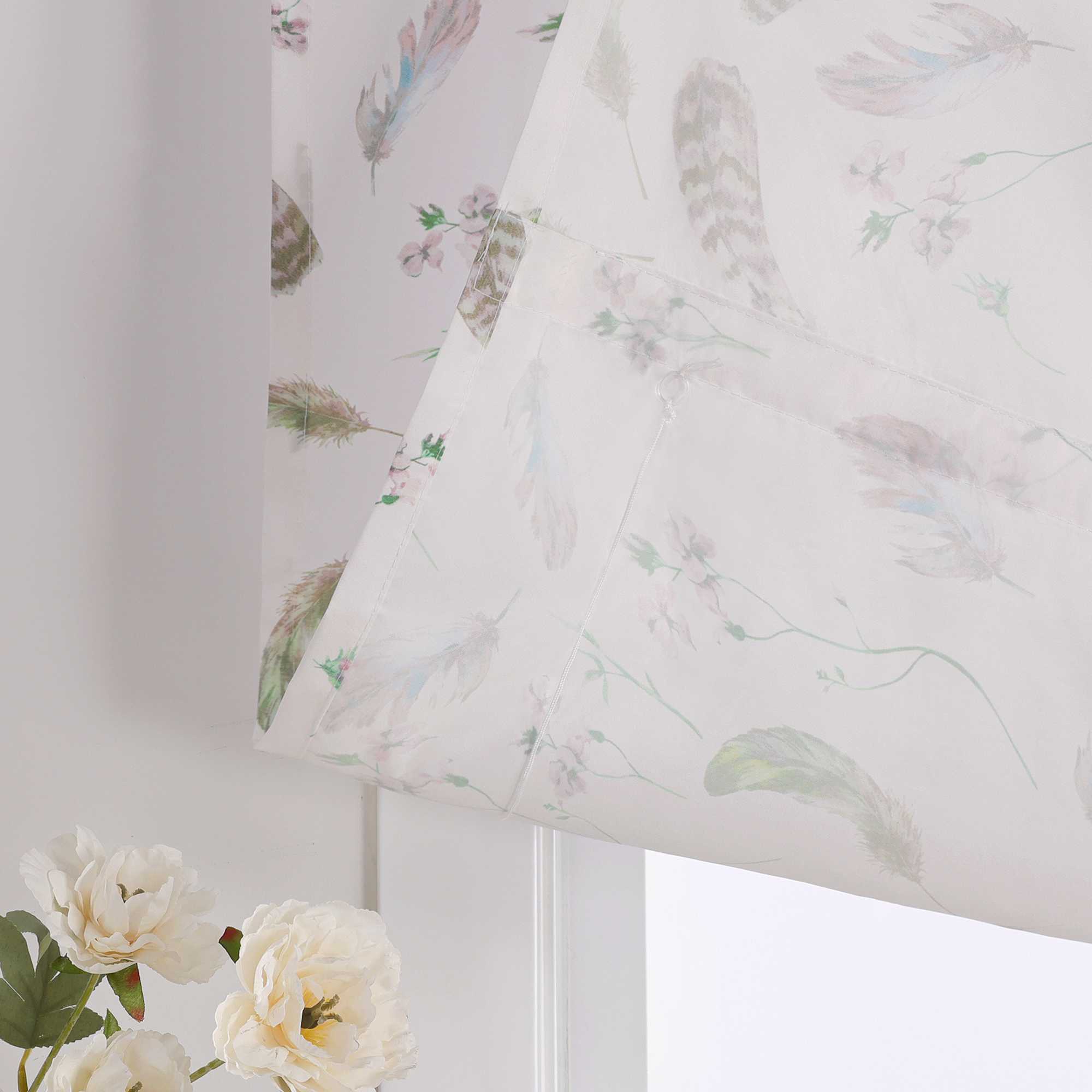 Roman Shade with Tab Tops Voile with Feather Print Semi-Sheer