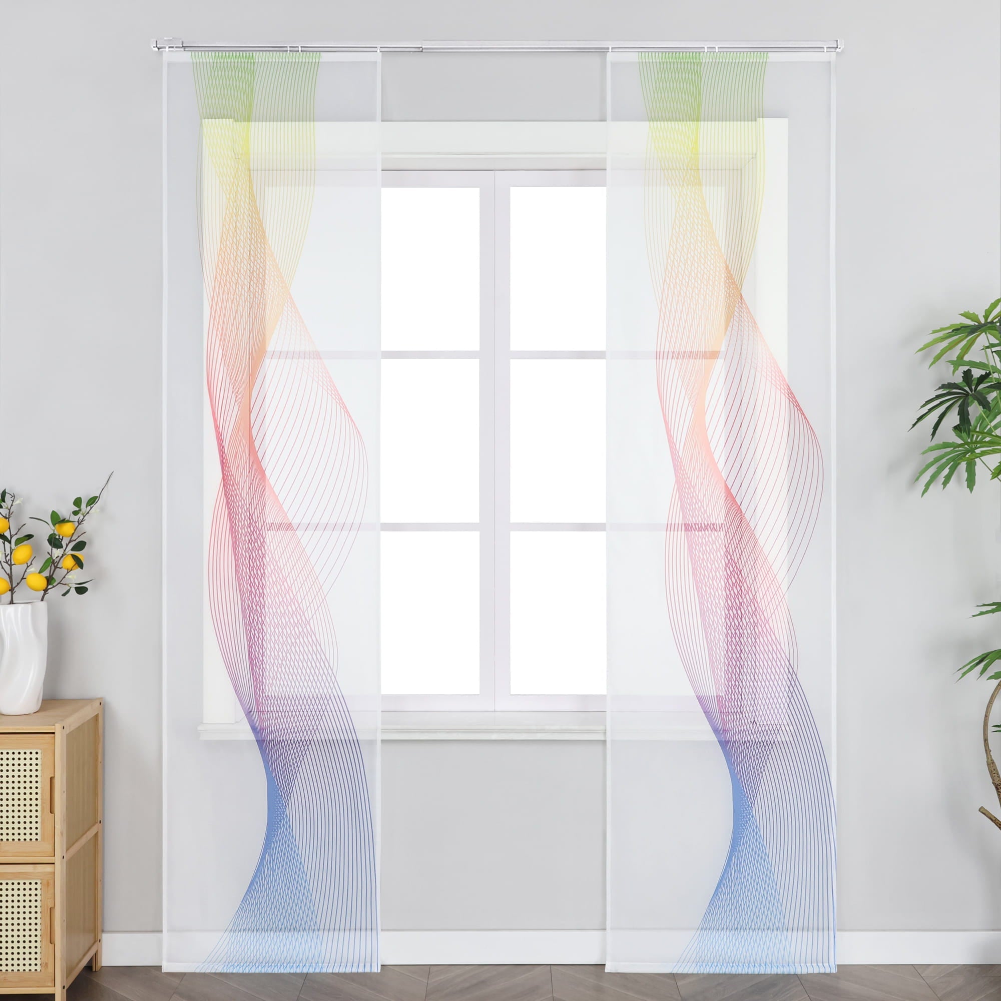 Sliding Panel Curtains Semi-Sheer Light-Filtering with Gradient and Wavy Lines for Curtain Track 2 Pieces - White, W x H 57 x 145 cm