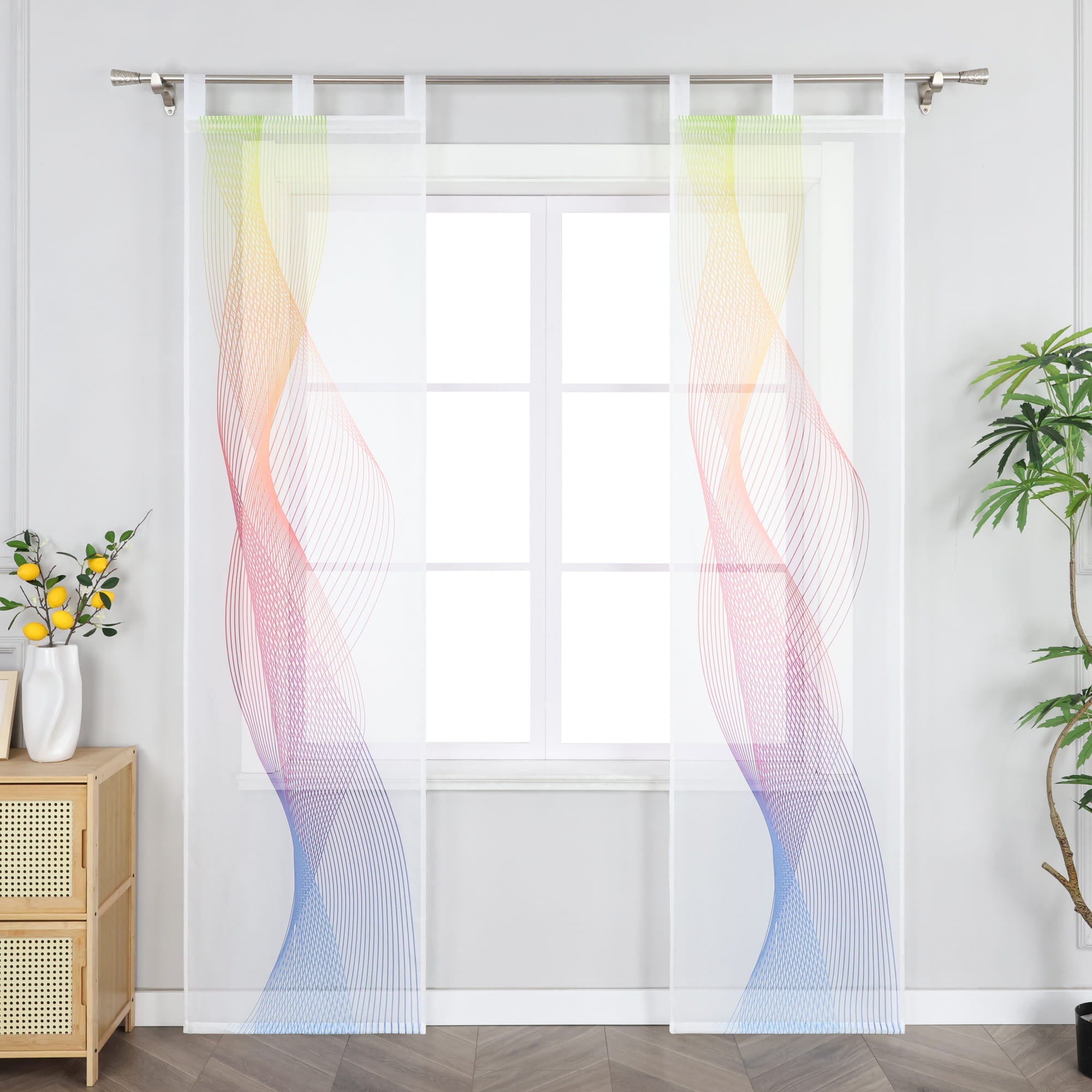 Sliding Panel Curtain Semi-Sheer with Gradient and Wave Pattern Polyester with Tab Tops 2 Pieces - White, W x H 57 x 145cm