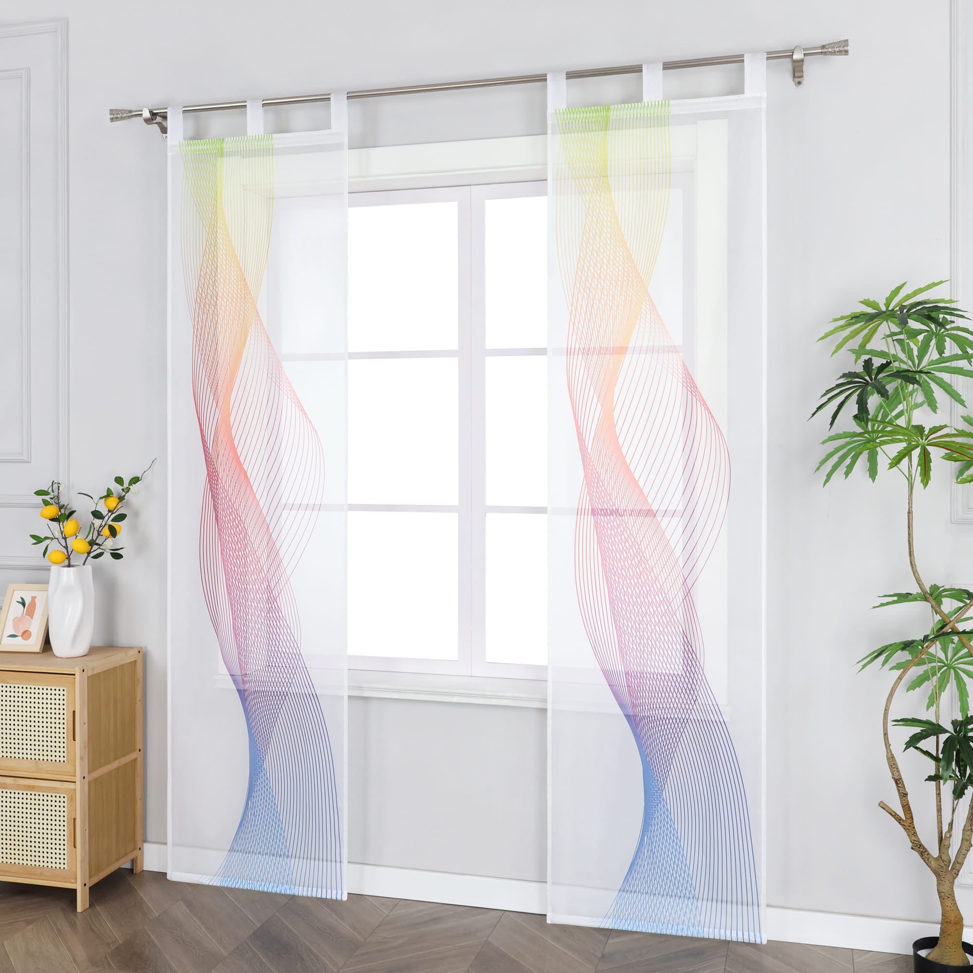 Sliding Panel Curtain Semi-Sheer with Gradient and Wave Pattern Polyester with Tab Tops 2 Pieces - White, W x H 57 x 175cm