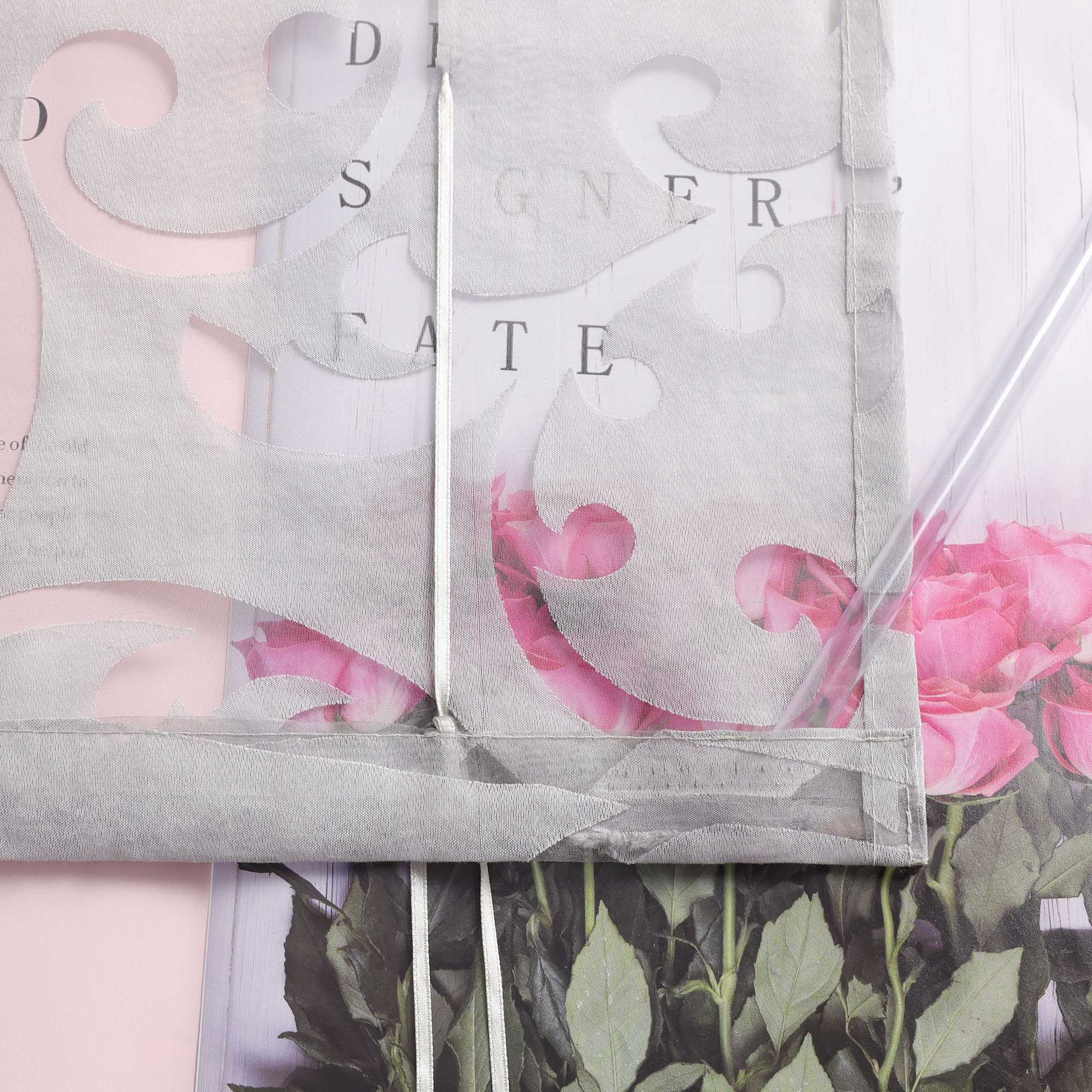 Roman Shade with V-Shaped Tabs Sheer Burnout Technique Floral Pattern 1 Piece