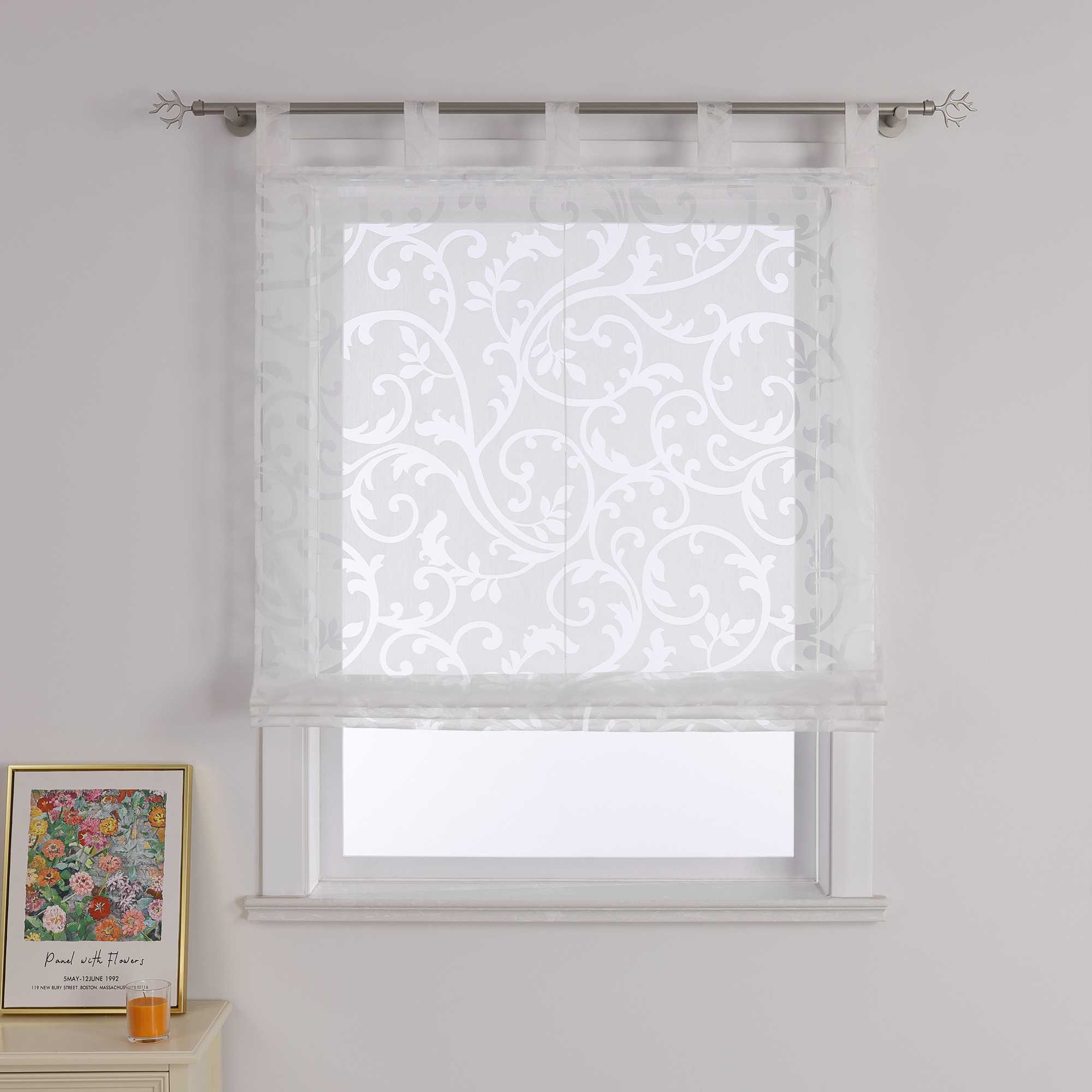 Roman Shade with Floral Pattern Cafe with Tab-Top Hanging 1 Piece - White, W x H 45 x 150cm