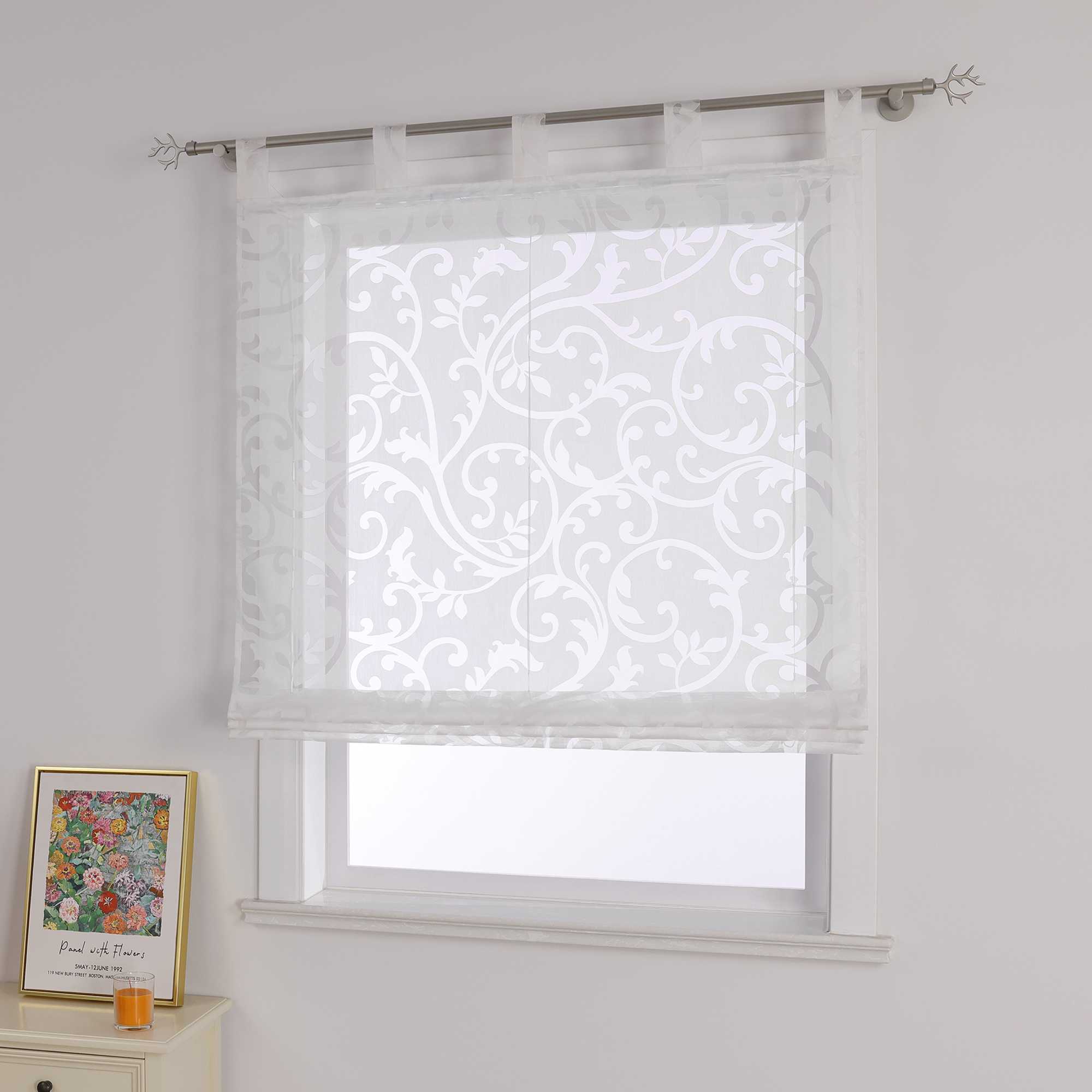 Roman Shade with Floral Pattern Cafe with Tab-Top Hanging 1 Piece - White, W x H 60 x 150cm