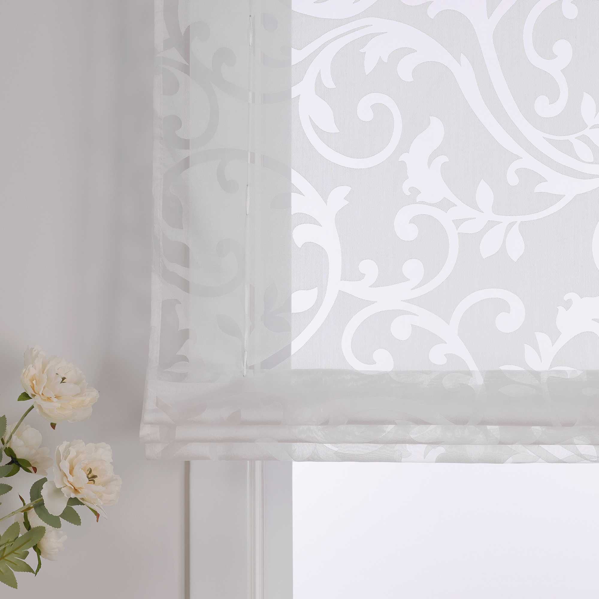 Roman Shade with Floral Pattern Cafe with Tab-Top Hanging 1 Piece - White, W x H 120 x 150cm