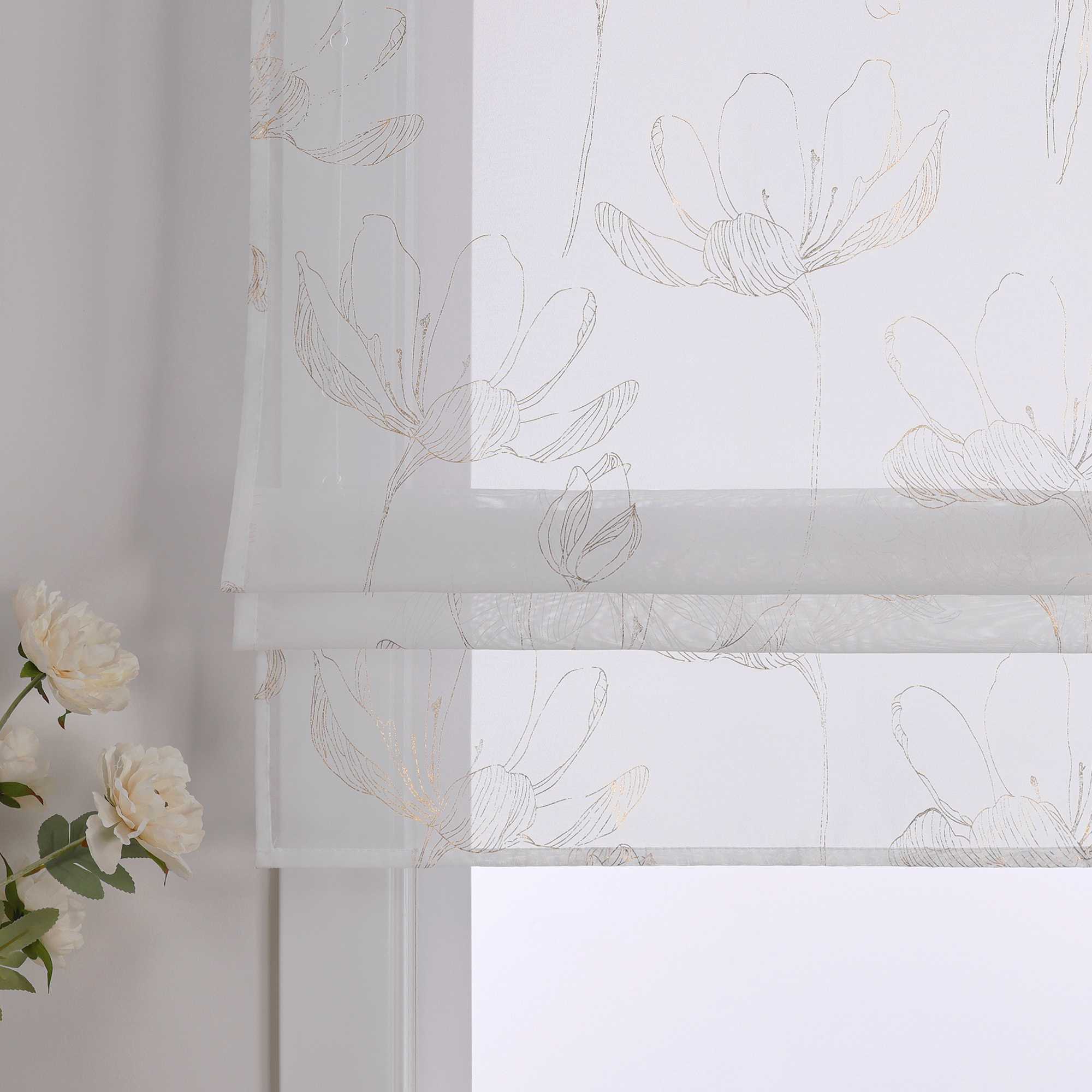 Roman Shade with Lotus Pattern and Hook-and-Loop Tape - Silver, W x H 60 x 140cm