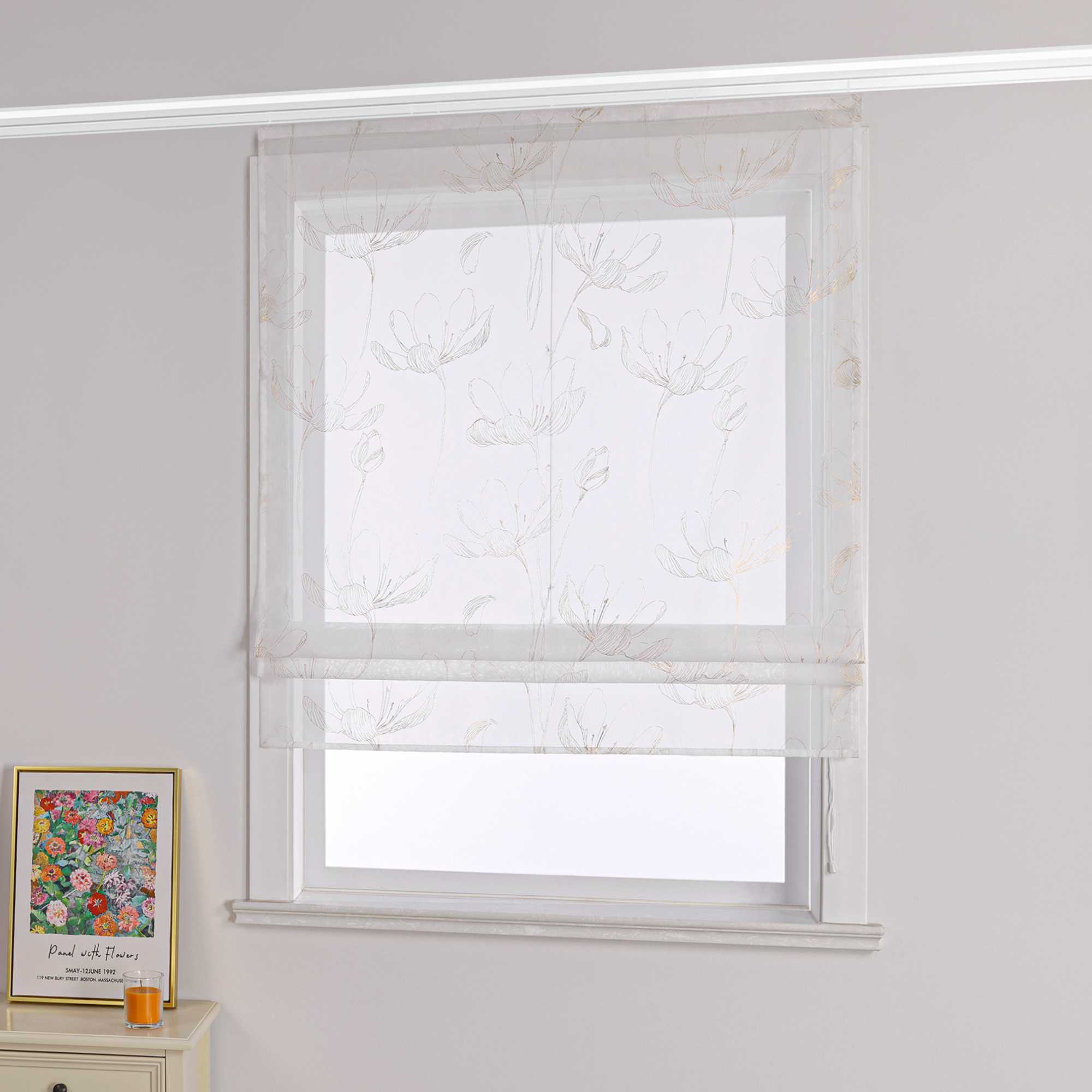 Roman Shade with Lotus Pattern and Hook-and-Loop Tape - Gold, W x H 100 x 140cm