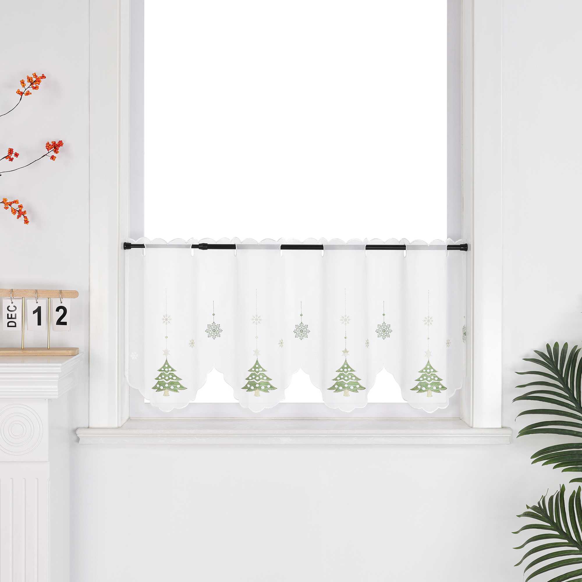 Cafe Curtain with Fir Tree & Snowflakes Christmas - Green, polyester