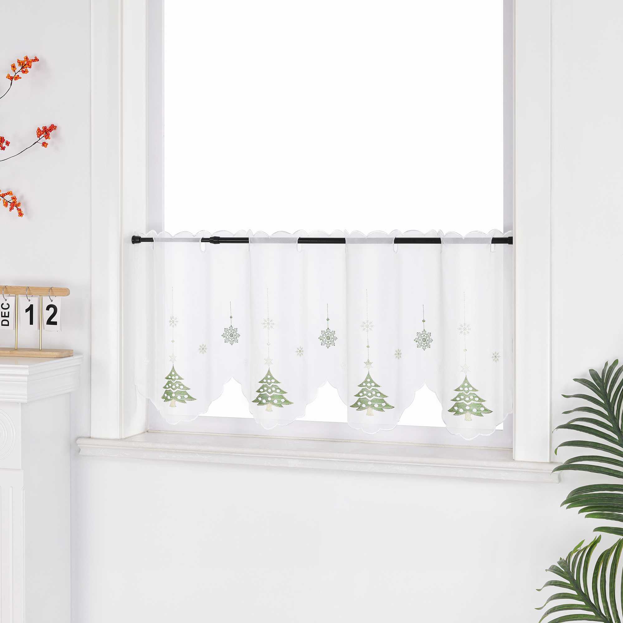 Cafe Curtain with Fir Tree & Snowflakes Christmas - Green, polyester