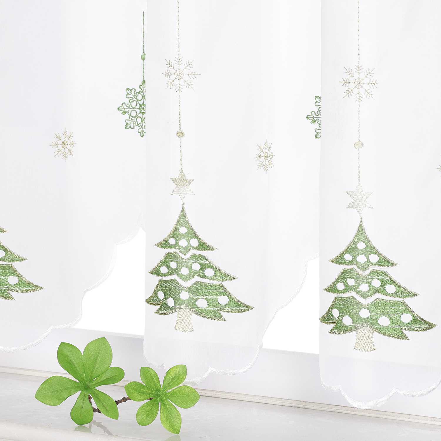 Cafe Curtain with Fir Tree & Snowflakes Christmas - Green, polyester