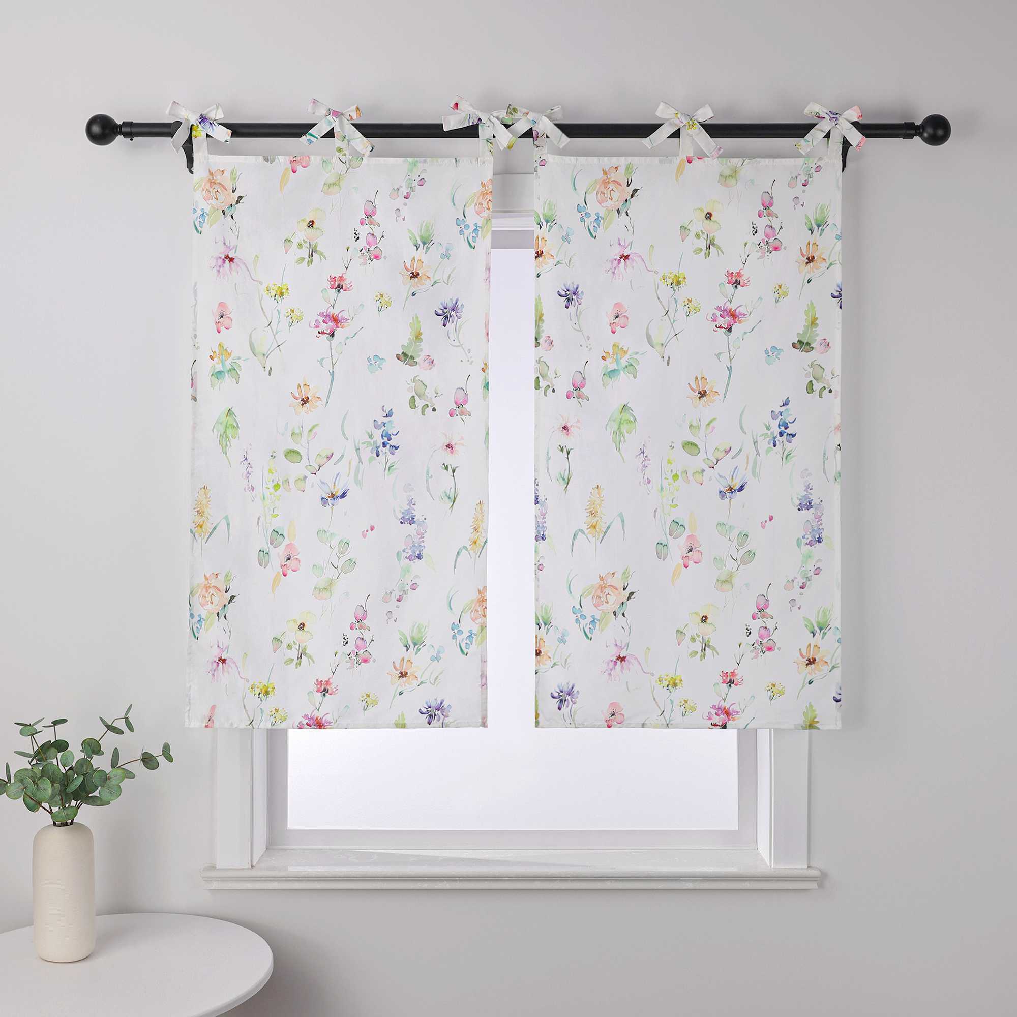 Cafe Curtain with Floral Patterns and Bows 1 Piece - White, W x H 60 x 90cm