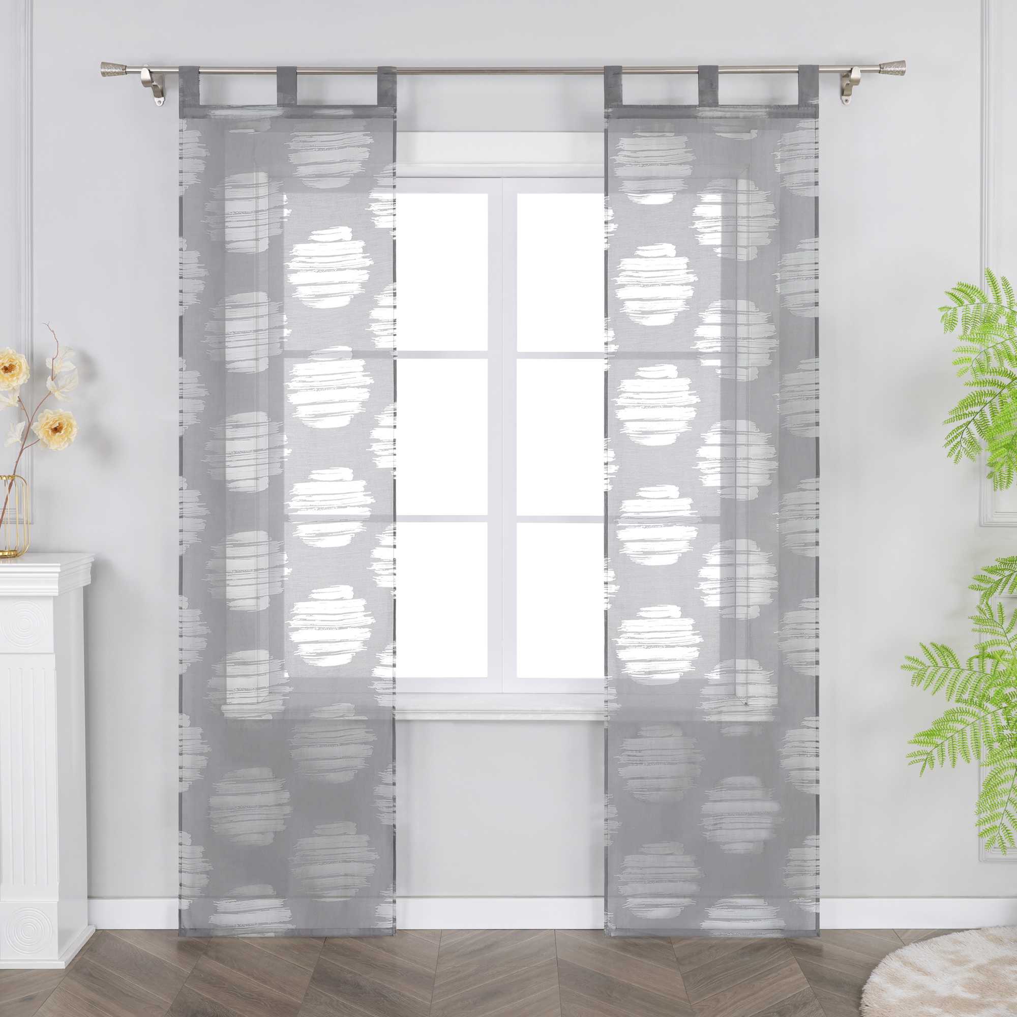 Curtain with Wavy Circle Pattern - Tab-Top Hanging Set of 2 - White, W x H 57 x 145cm
