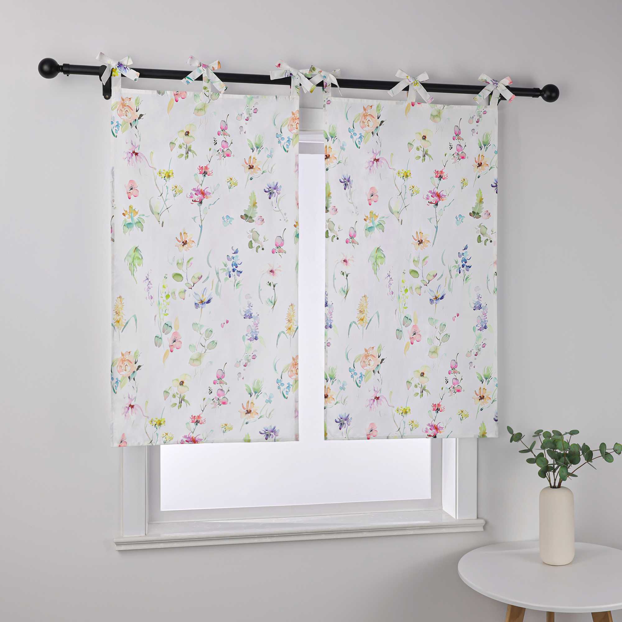 Cafe Curtain with Floral Patterns and Bows 1 Piece - White, W x H 60 x 120cm