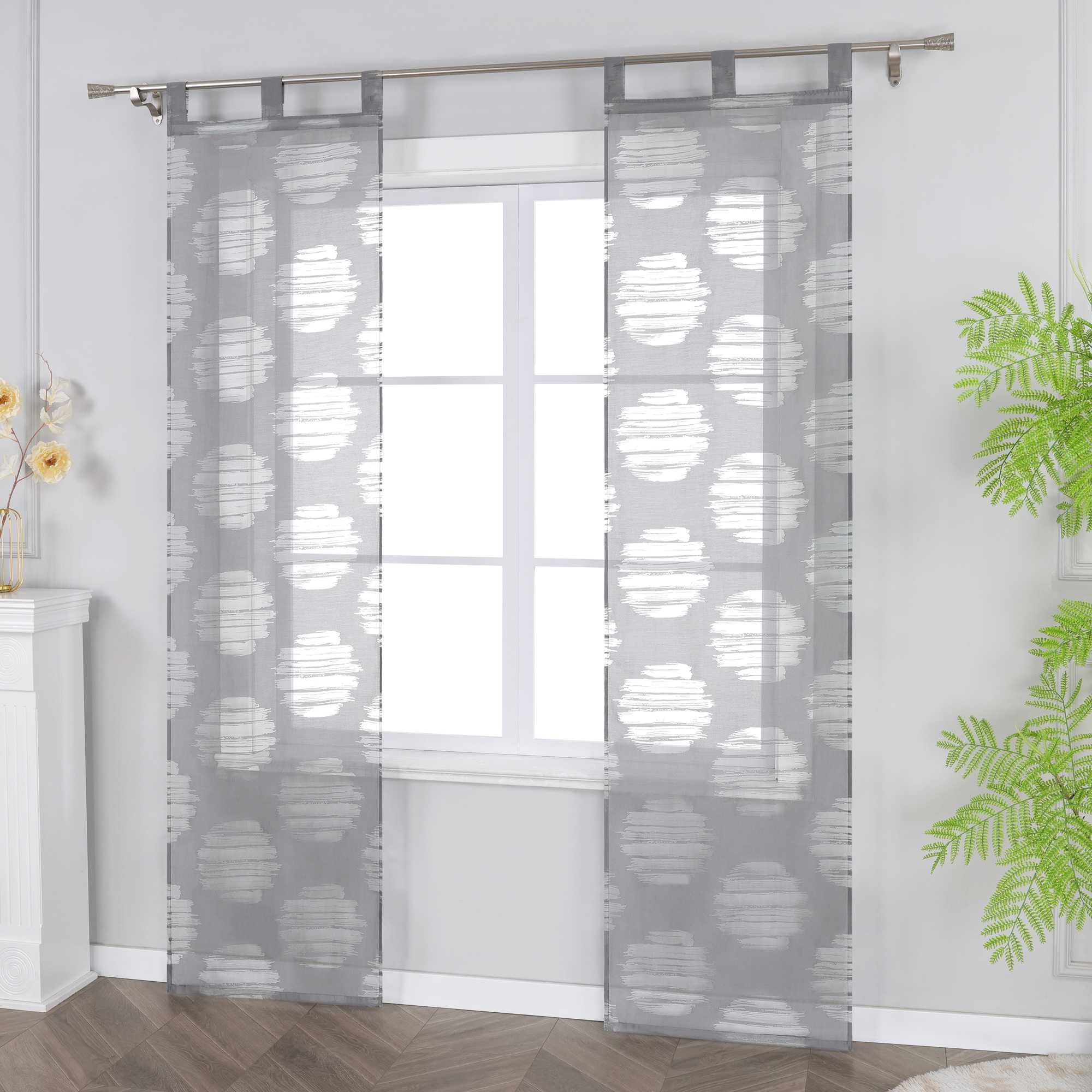 Curtain with Wavy Circle Pattern - Tab-Top Hanging Set of 2 - White, W x H 57 x 175cm