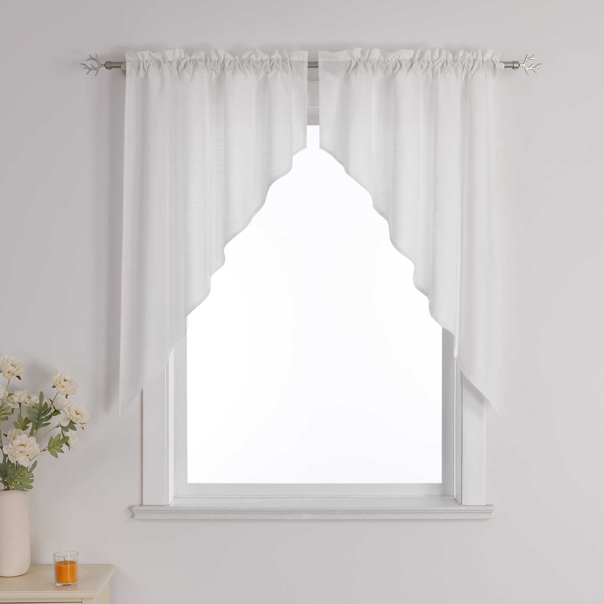 Short Curtains in Valance Style with Check Pattern Set of 2 - White, H x W 80 x 80cm