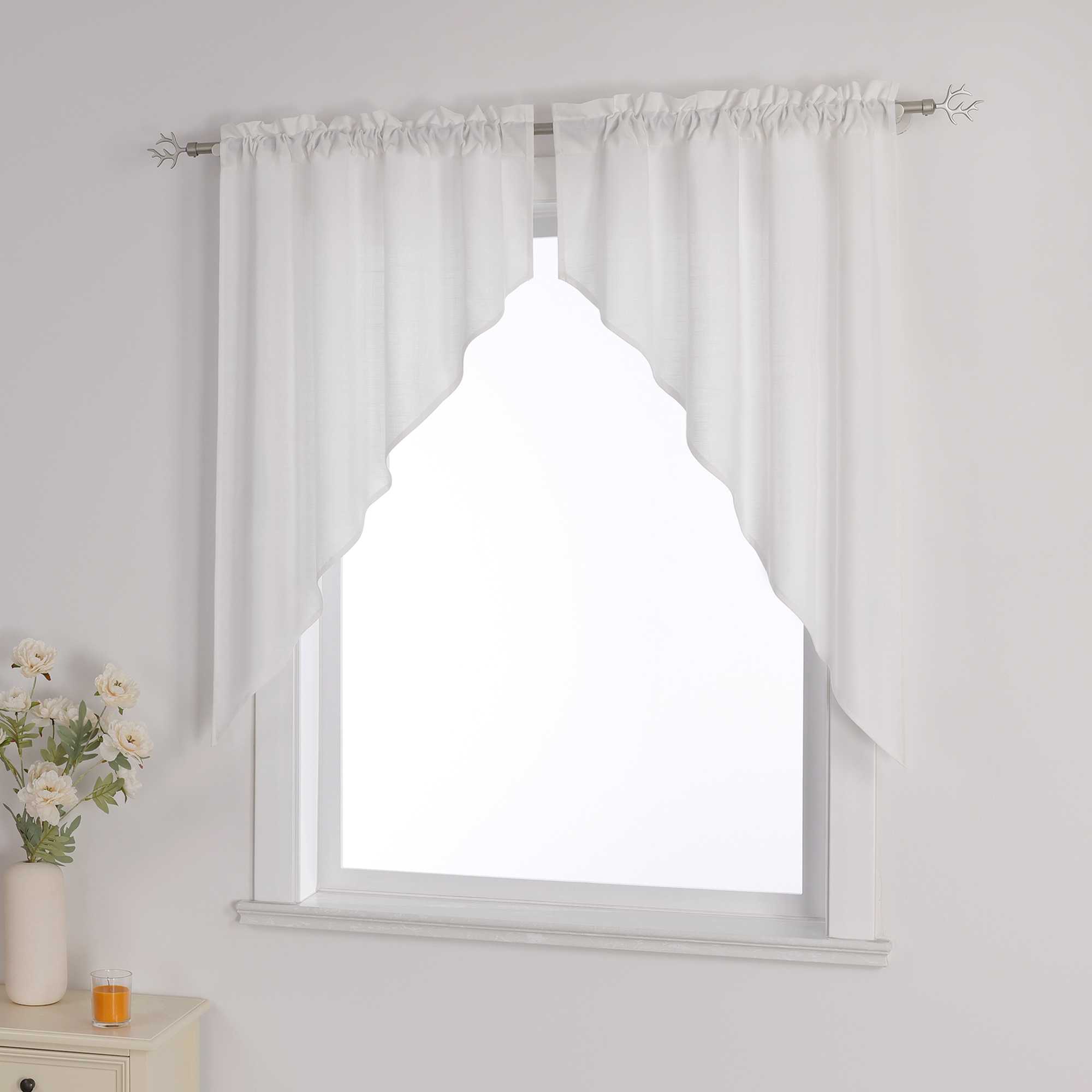 Short Curtains in Valance Style with Check Pattern Set of 2 - White, H x W 90 x 60cm