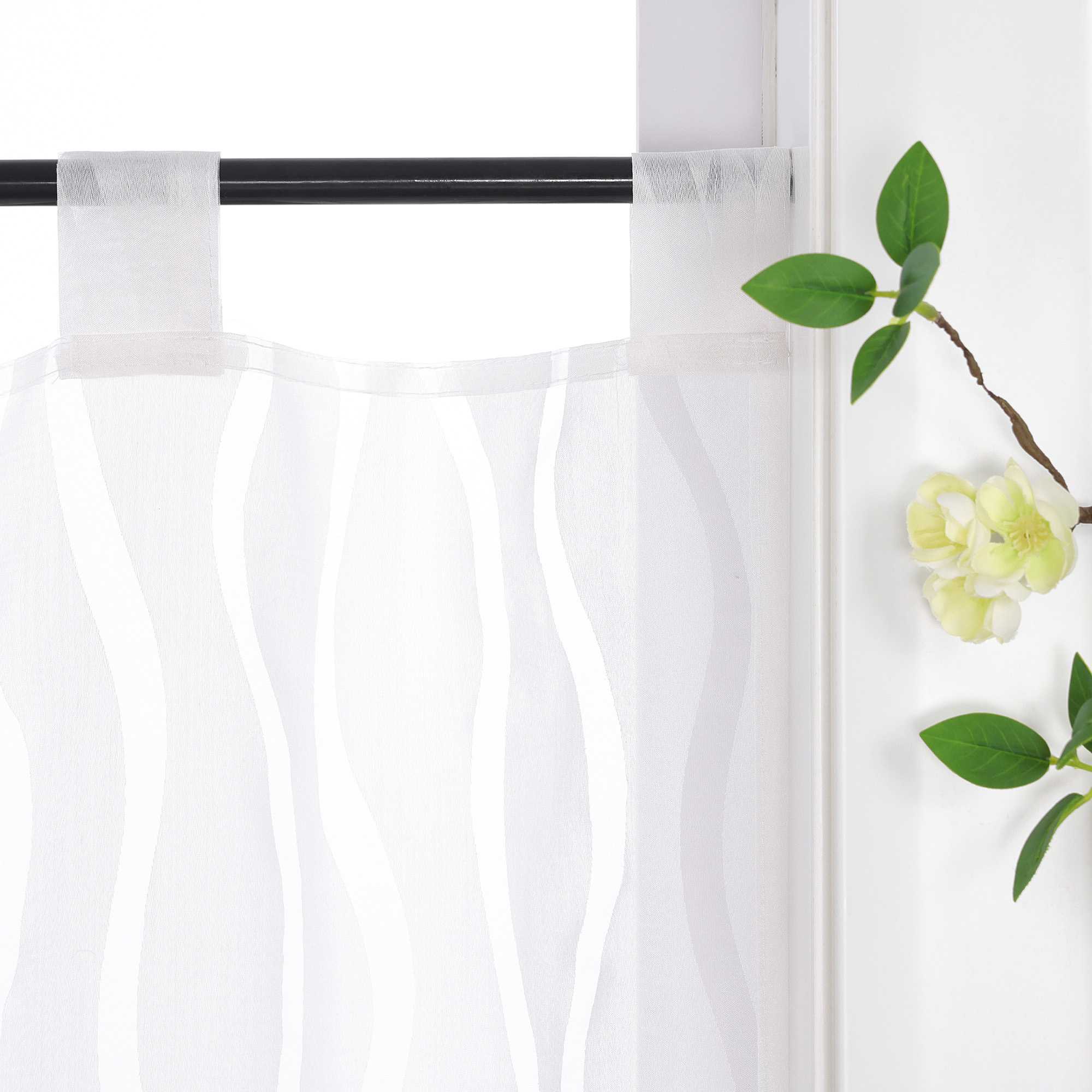 Cafe Curtain with Tab-Top Hanging Modern with Wave Stripes White 1 Piece - White, W x H 90 x 60cm