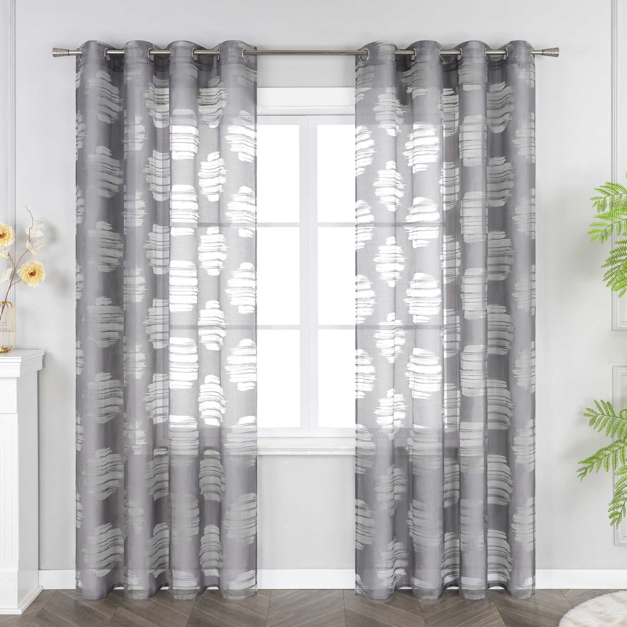 Curtain with Wavy Circle Pattern - Grommet Hanging - White, W x H 140 x 145cm
