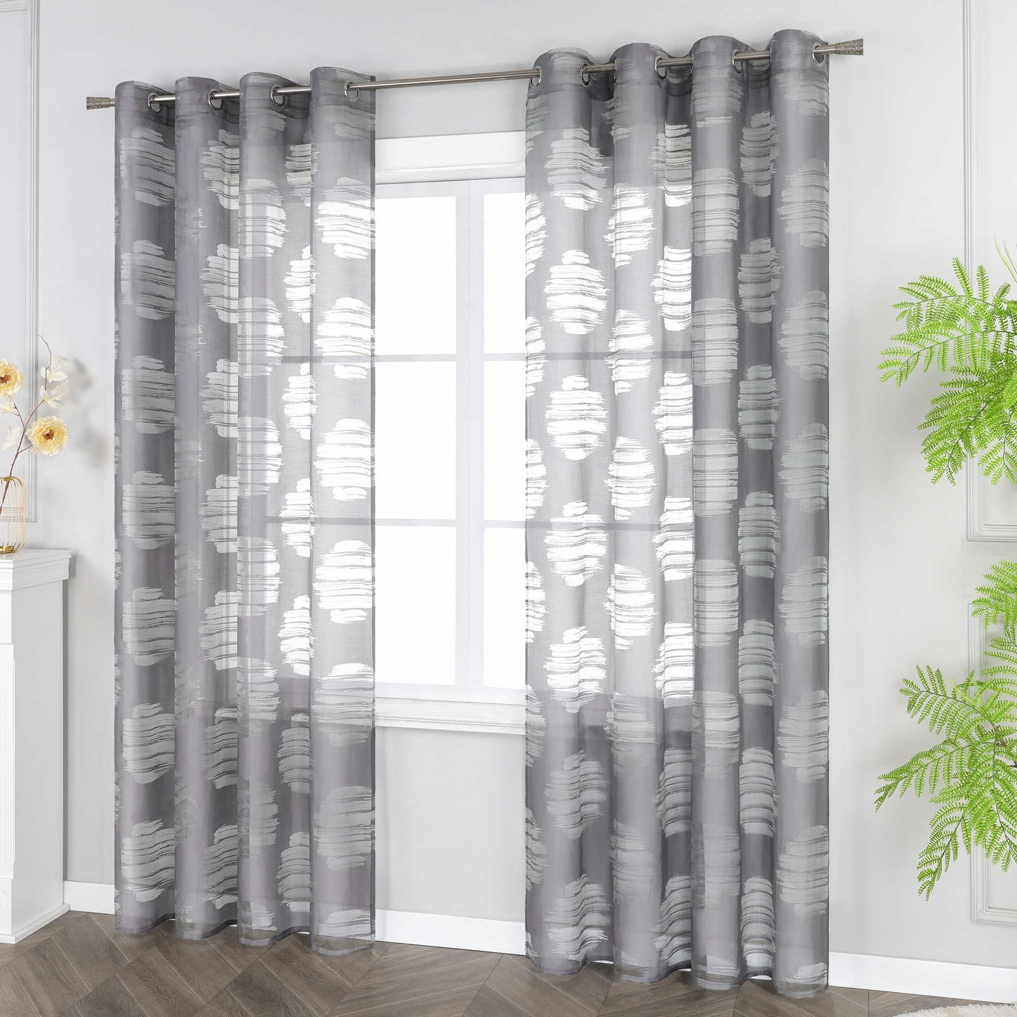 Curtain with Wavy Circle Pattern - Grommet Hanging - White, W x H 140 x 175cm