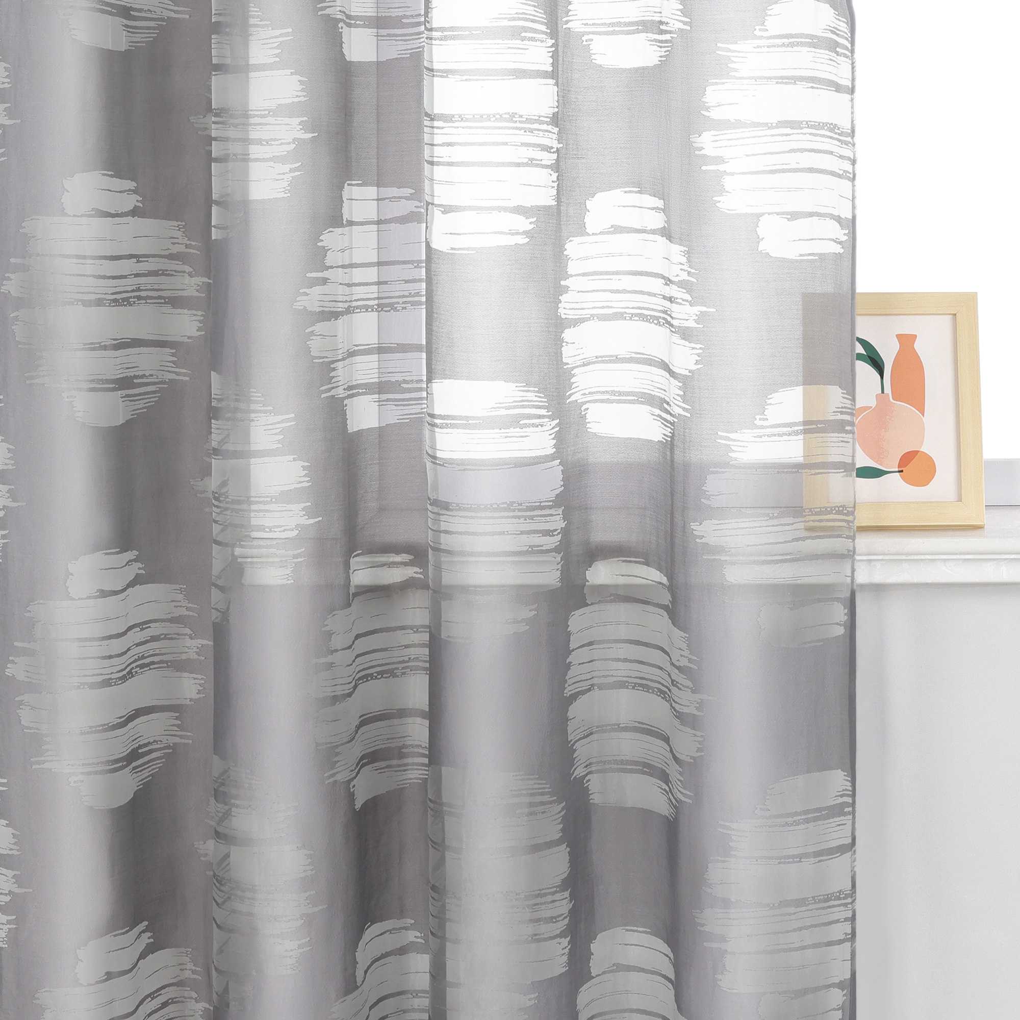 Curtain with Wavy Circle Pattern - Curtain-Tape Hanging - White, W x H 140 x 225cm