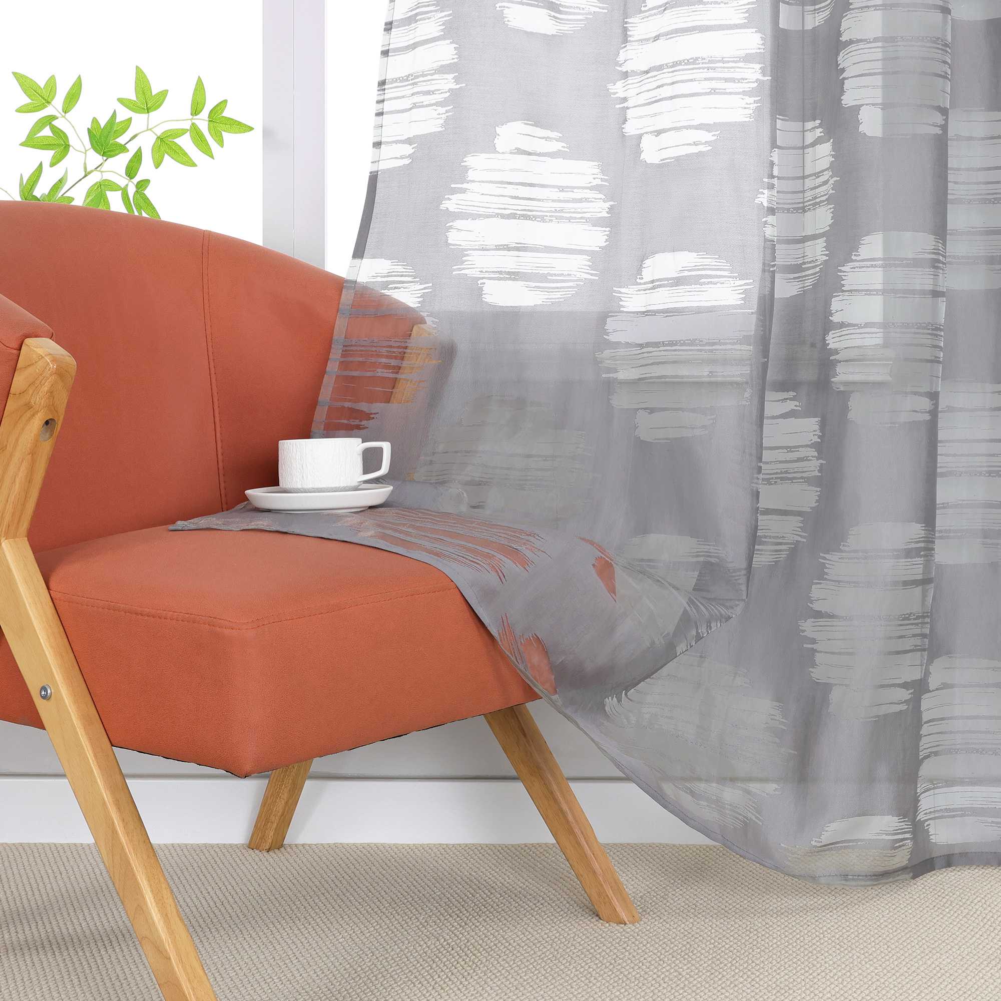 Curtain with Wavy Circle Pattern - Grommet Hanging - Gray, W x H 140 x 175cm