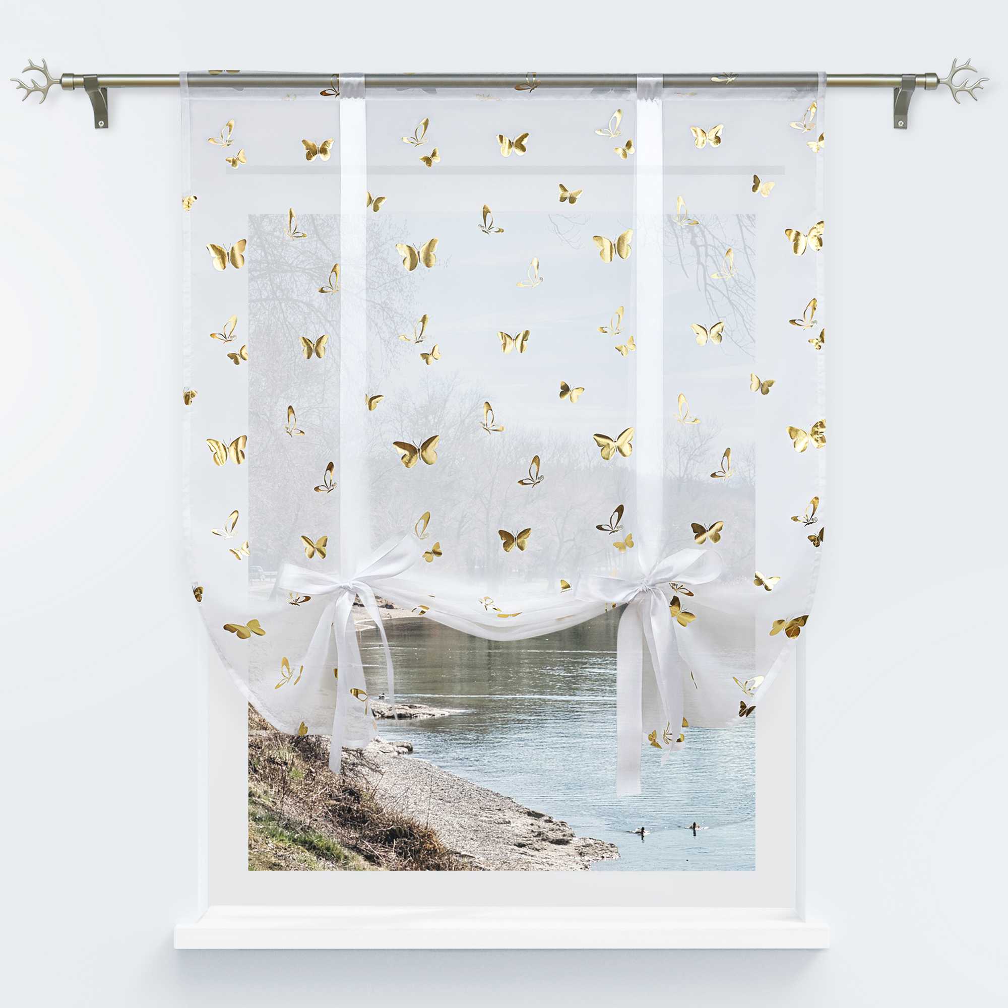 Roman Shades with Butterfly Pattern Adjustable Gathered Folds 1 Piece - Gold, H x W 140 x 120cm