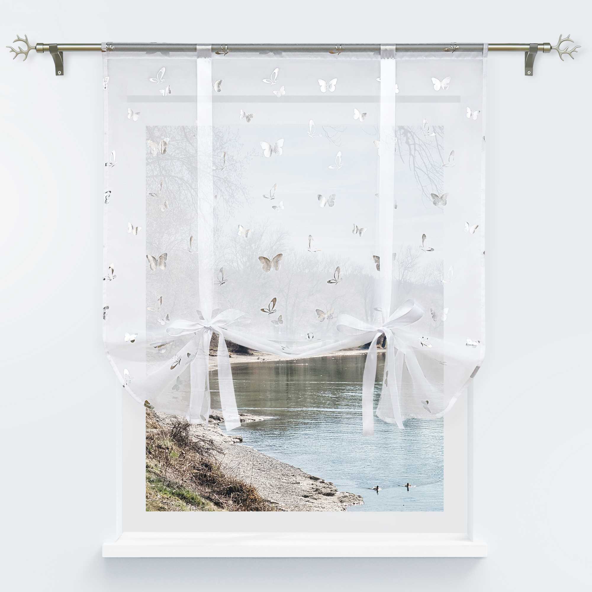 Roman Shades with Butterfly Pattern Adjustable Gathered Folds 1 Piece - Silver, H x W 140 x 60cm
