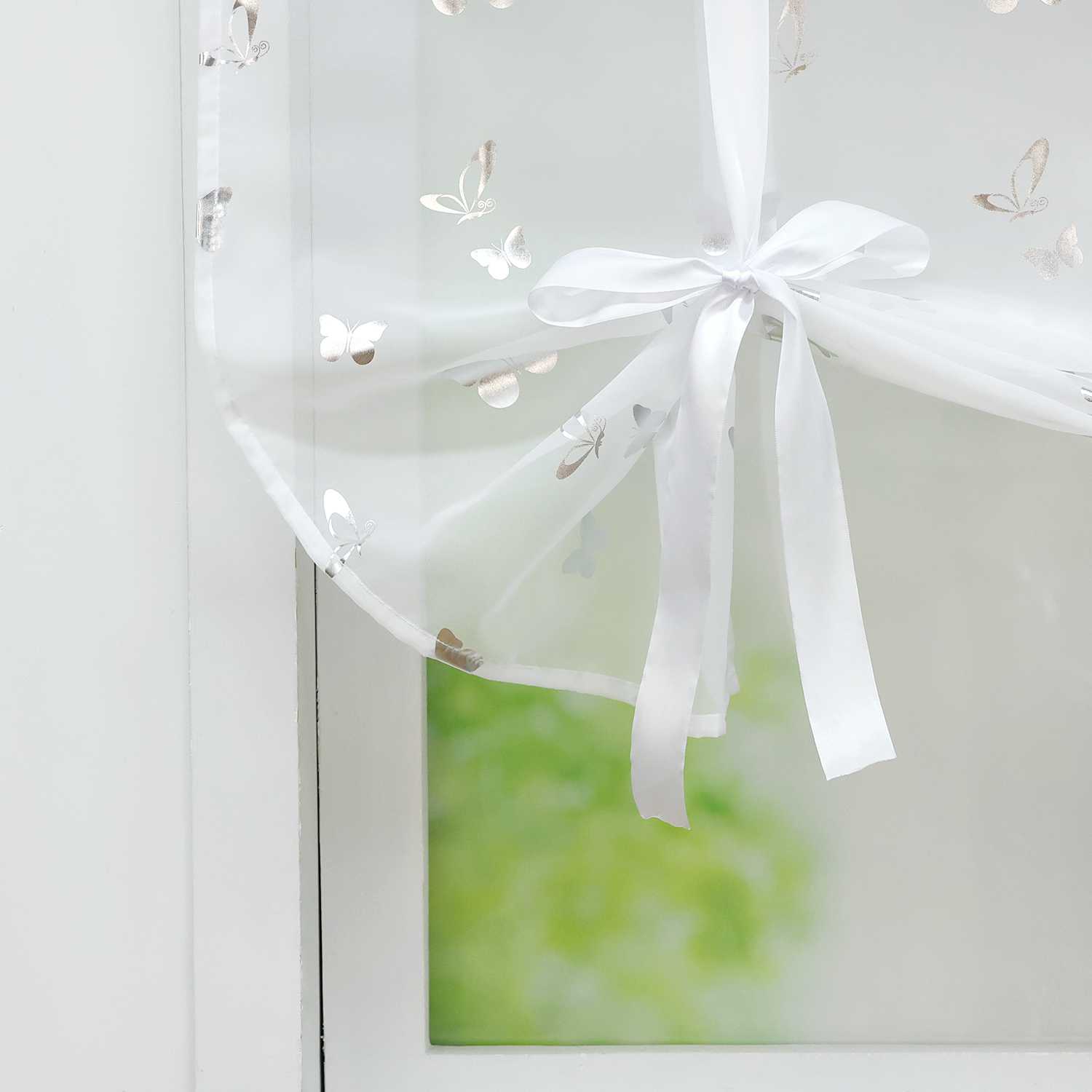 Roman Shades with Butterfly Pattern Adjustable Gathered Folds 1 Piece - Silver, H x W 140 x 120cm