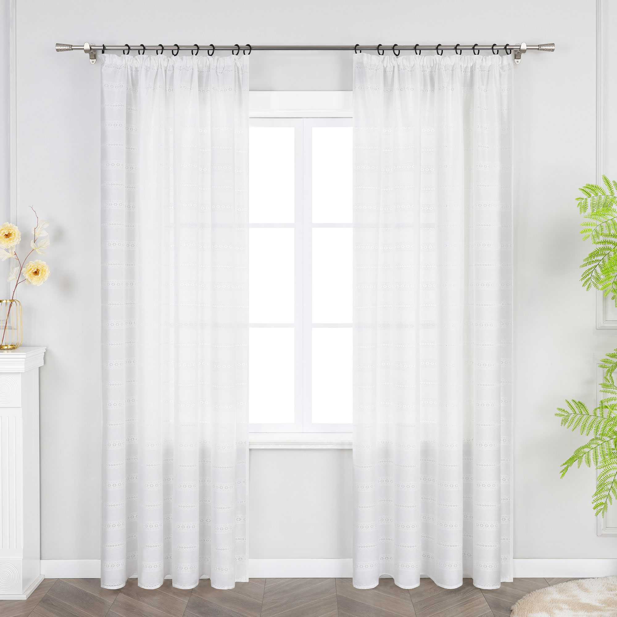 Sheer Curtain with Diamond Embossing with Rings and Curtain Track System 1 Piece - White, W x H 140 x 145cm
