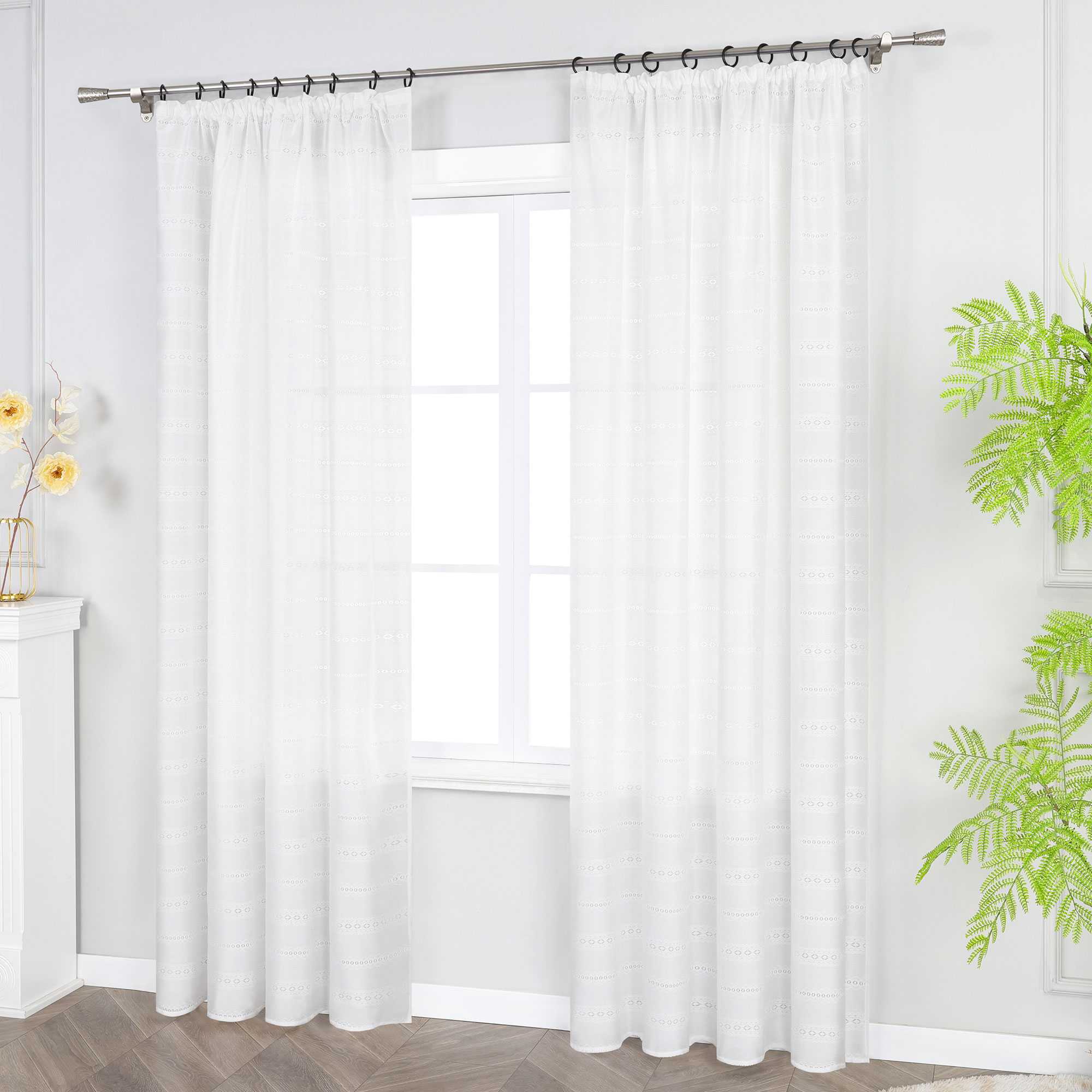 Sheer Curtain with Diamond Embossing with Rings and Curtain Track System 1 Piece - White, W x H 140 x 175cm