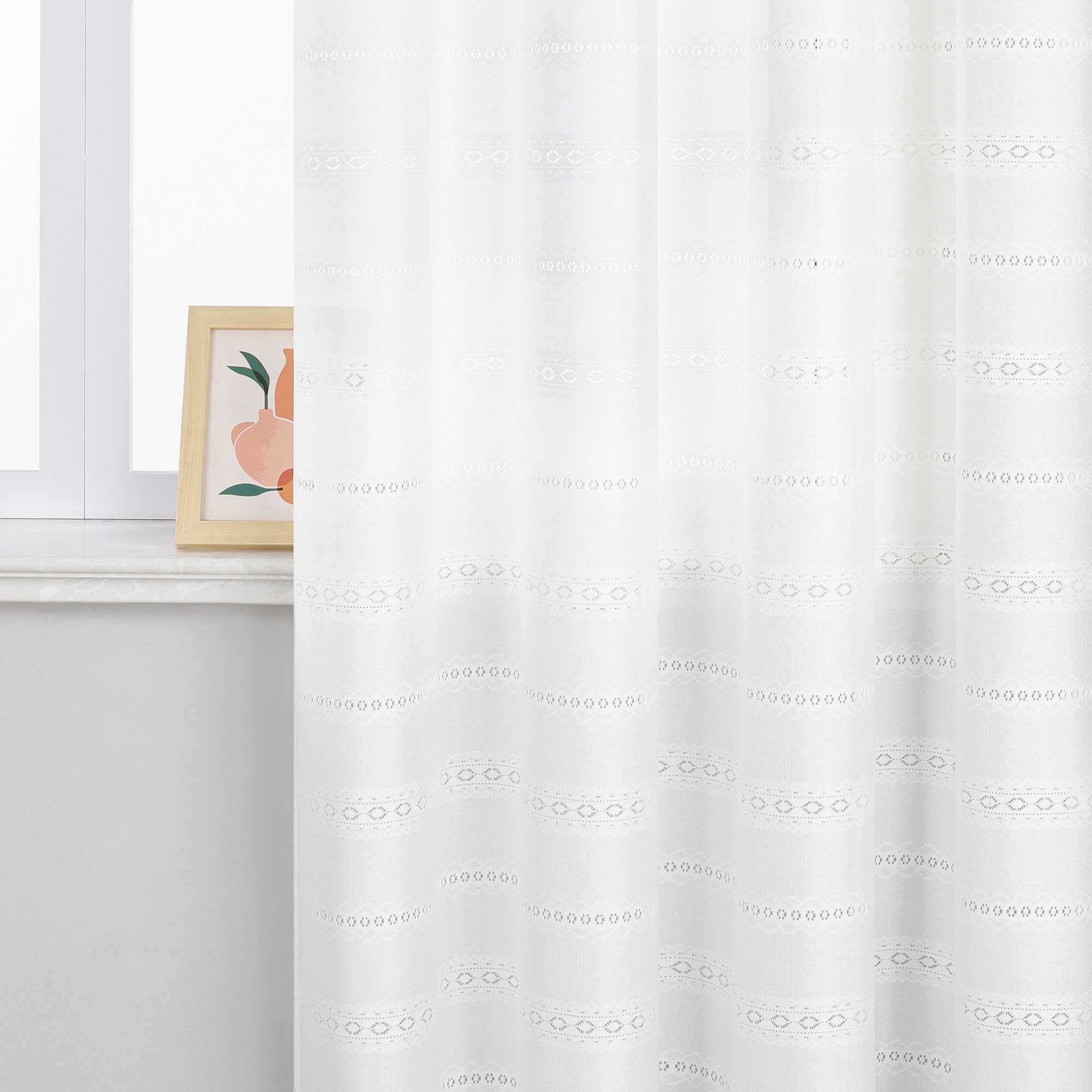 Sheer Curtain with Diamond Embossing with Rings and Curtain Track System 1 Piece - White, W x H 140 x 225cm