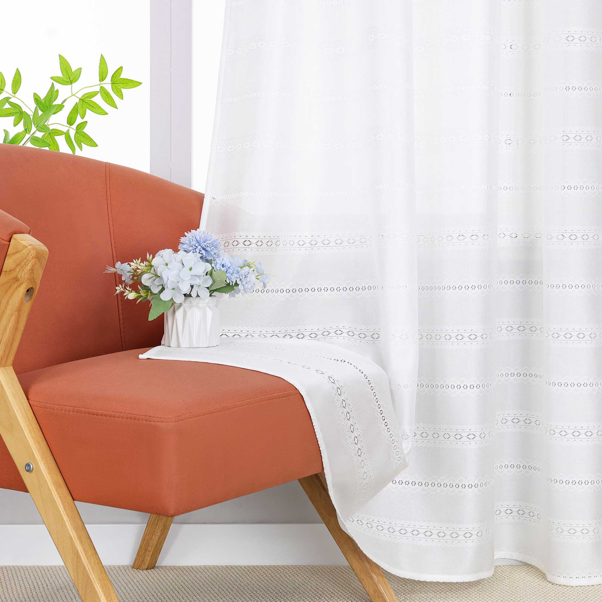Sheer Curtain with Diamond Embossing with Rings and Curtain Track System 1 Piece - White, W x H 140 x 245cm