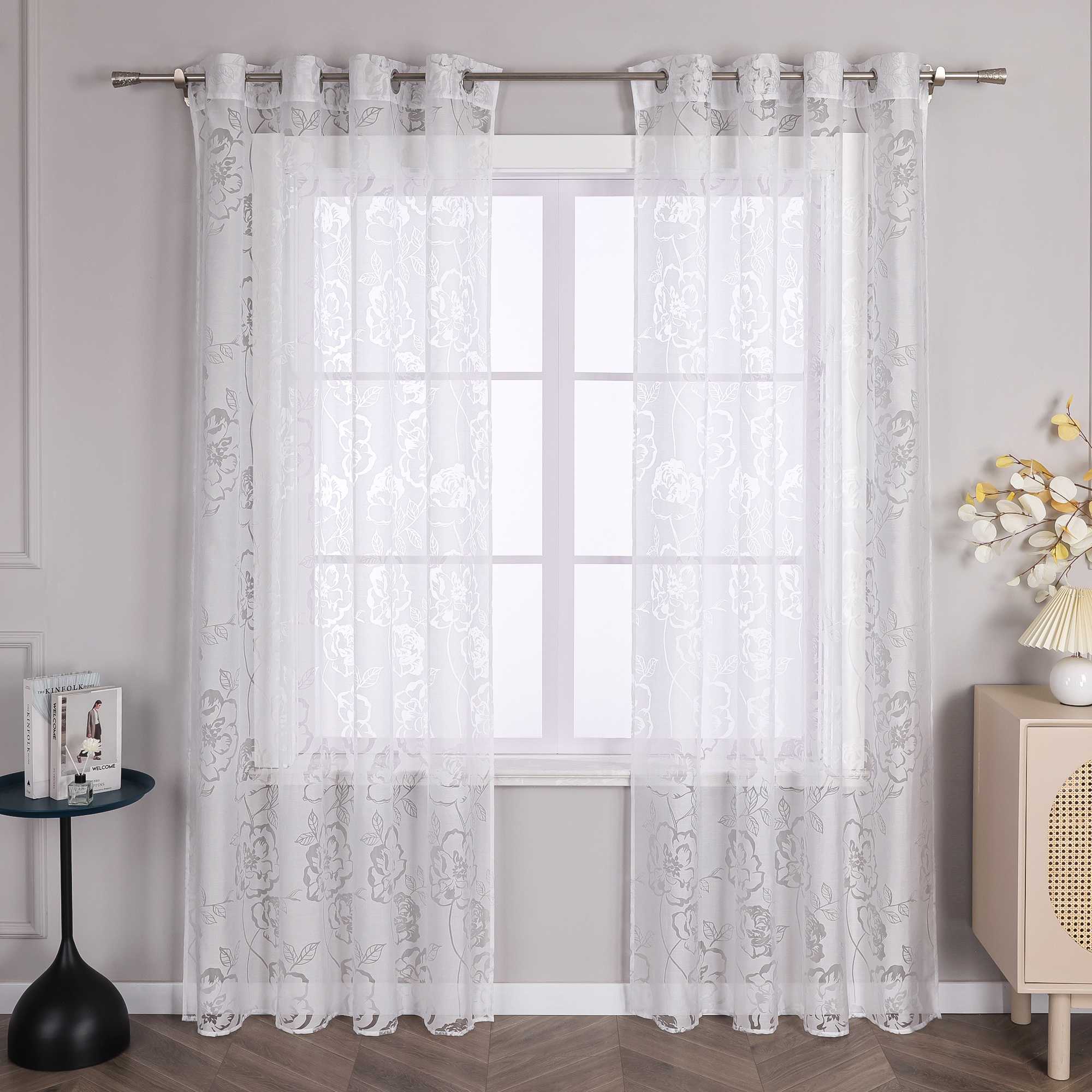 Curtain with Grommets with Rose Pattern Grommet Curtain Panel 1 Piece - White, W x H 140 x 145cm