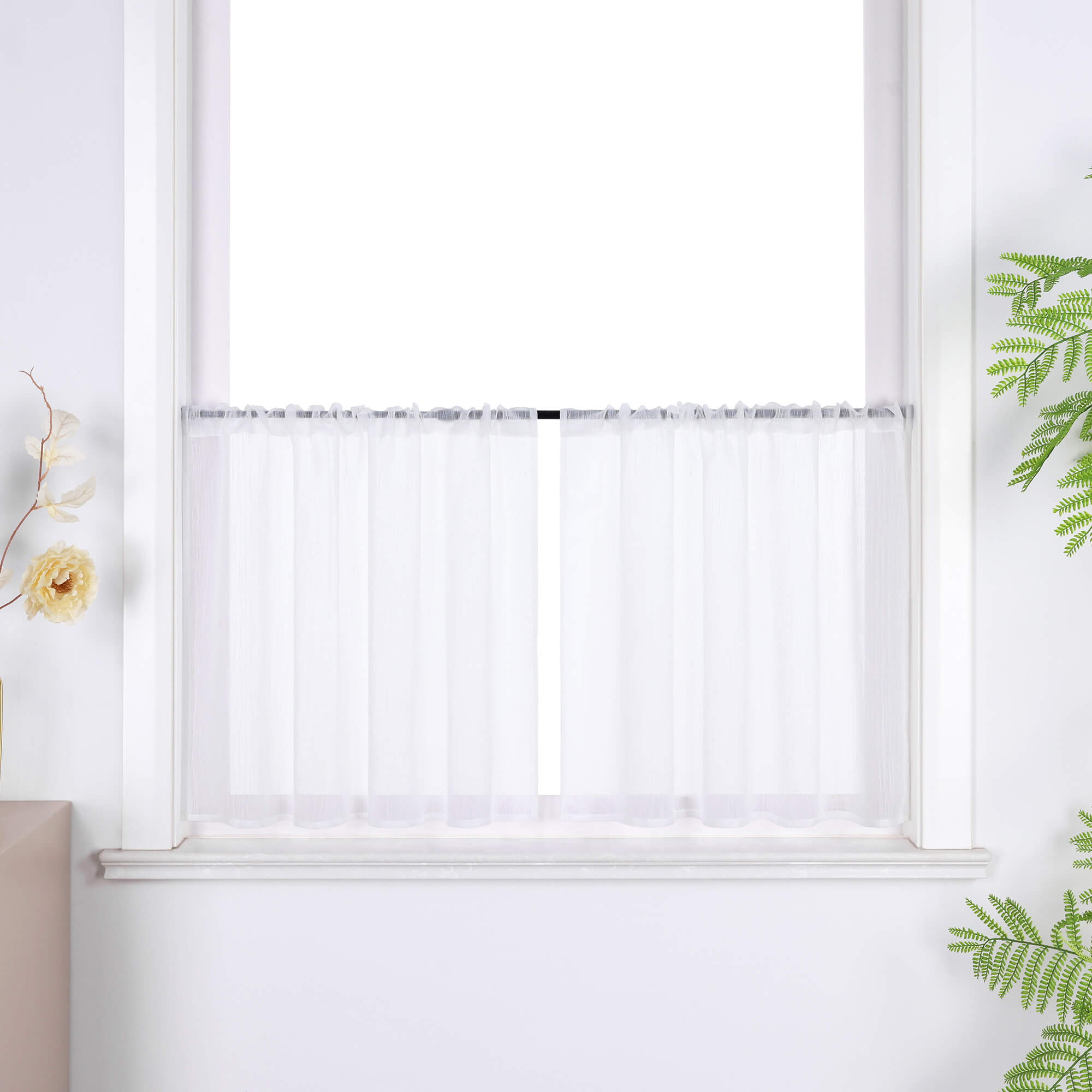 Cafe Curtains Semi-Sheer Natural White Textured Fabric Rod Pocket Set of 2 - White, W x H 120 x 45cm