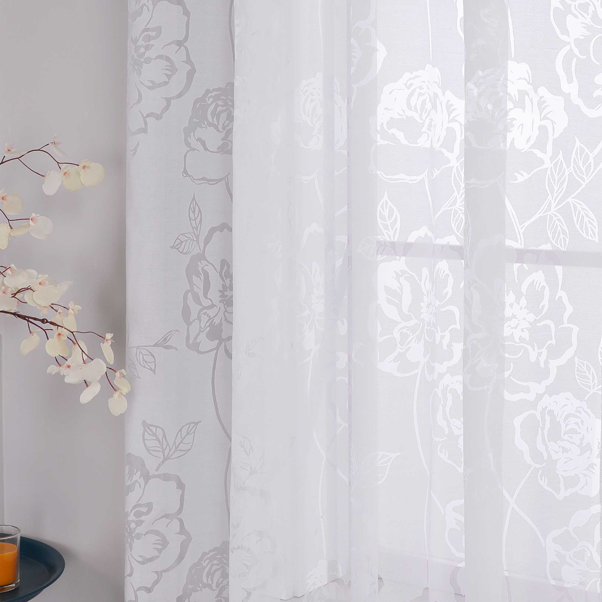 Curtain with Curtain Tape Burnout Fabric with Rose Pattern Sheer White 1 Piece - White, W x H 140 x 225cm
