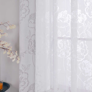 Curtain with Curtain Tape Burnout Fabric with Rose Pattern Sheer White 1 Piece - White, W x H 140 x 225cm