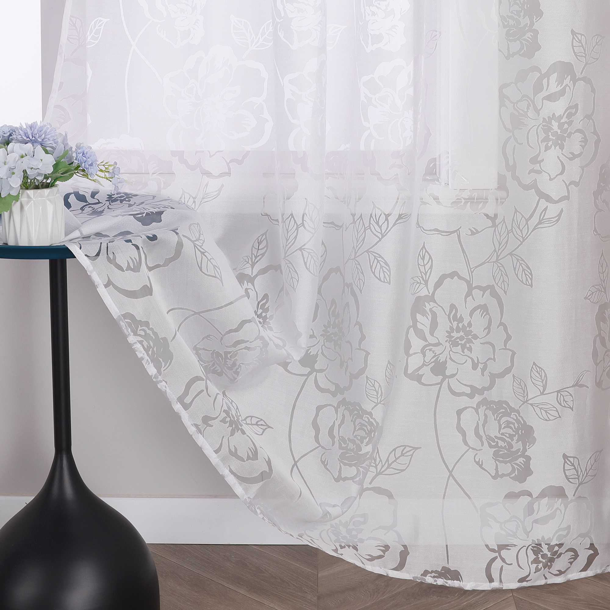 Curtain with Curtain Tape Burnout Fabric with Rose Pattern Sheer White 1 Piece - White, W x H 140 x 245cm