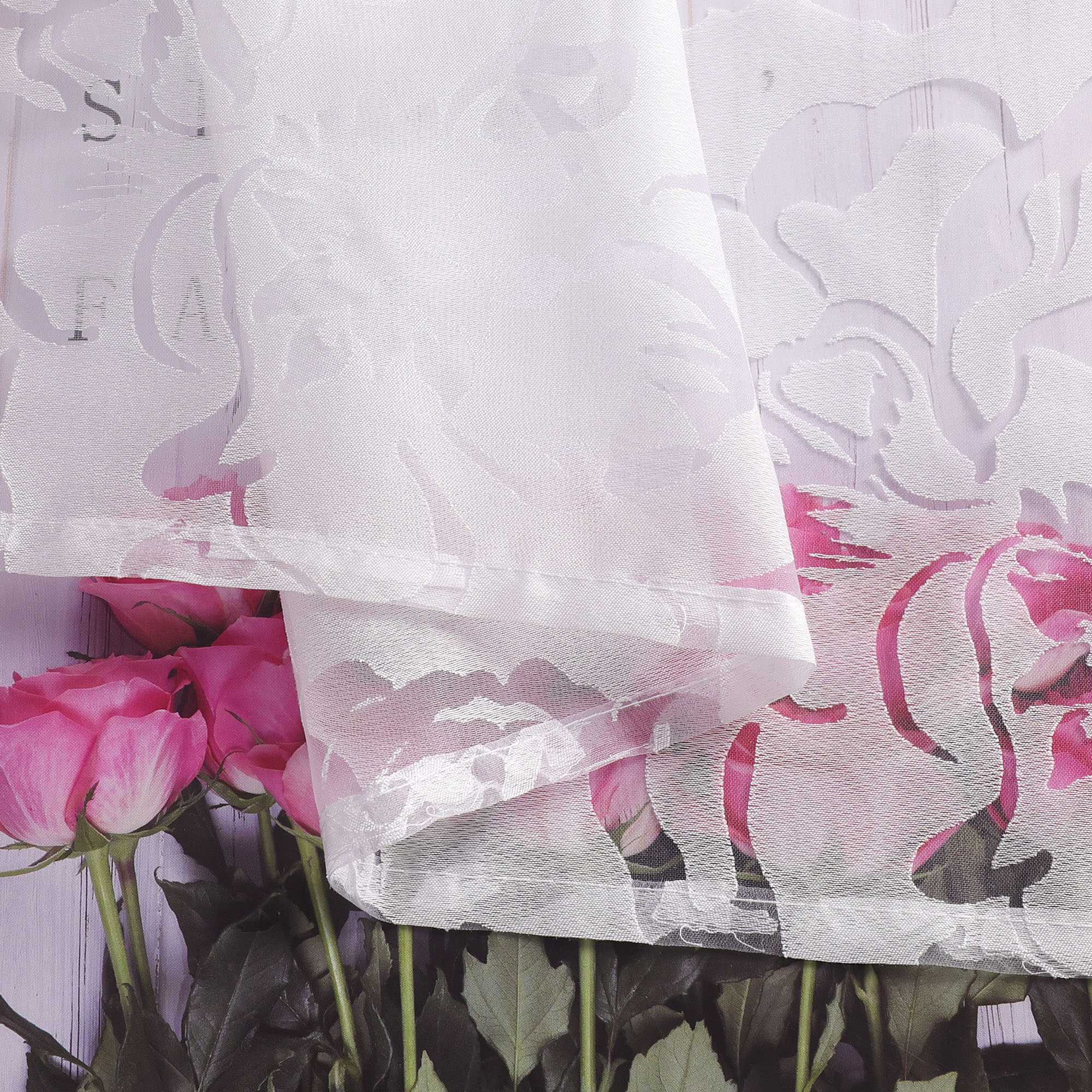 Curtain with Curtain Tape Burnout Fabric with Rose Pattern Sheer White 1 Piece
