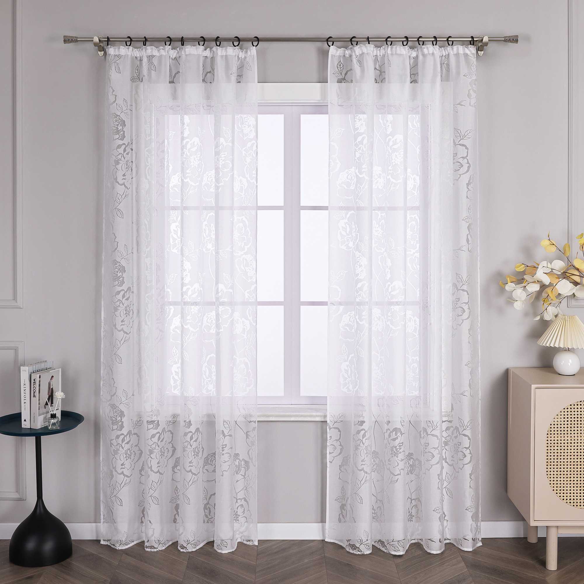 Curtain with Curtain Tape Burnout Fabric with Rose Pattern Sheer White 1 Piece - White, W x H 140 x 145cm