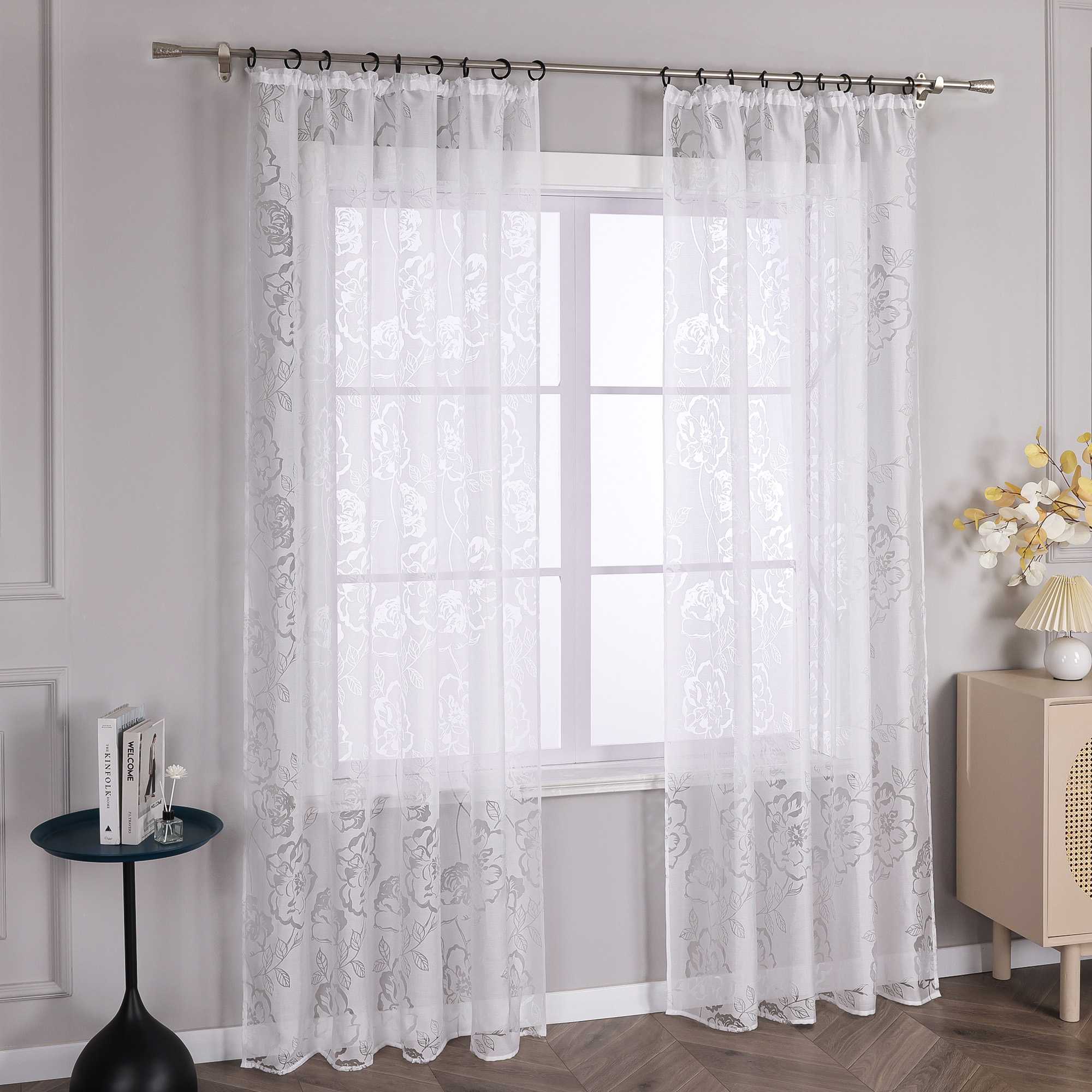 Curtain with Curtain Tape Burnout Fabric with Rose Pattern Sheer White 1 Piece - White, W x H 140 x 175cm