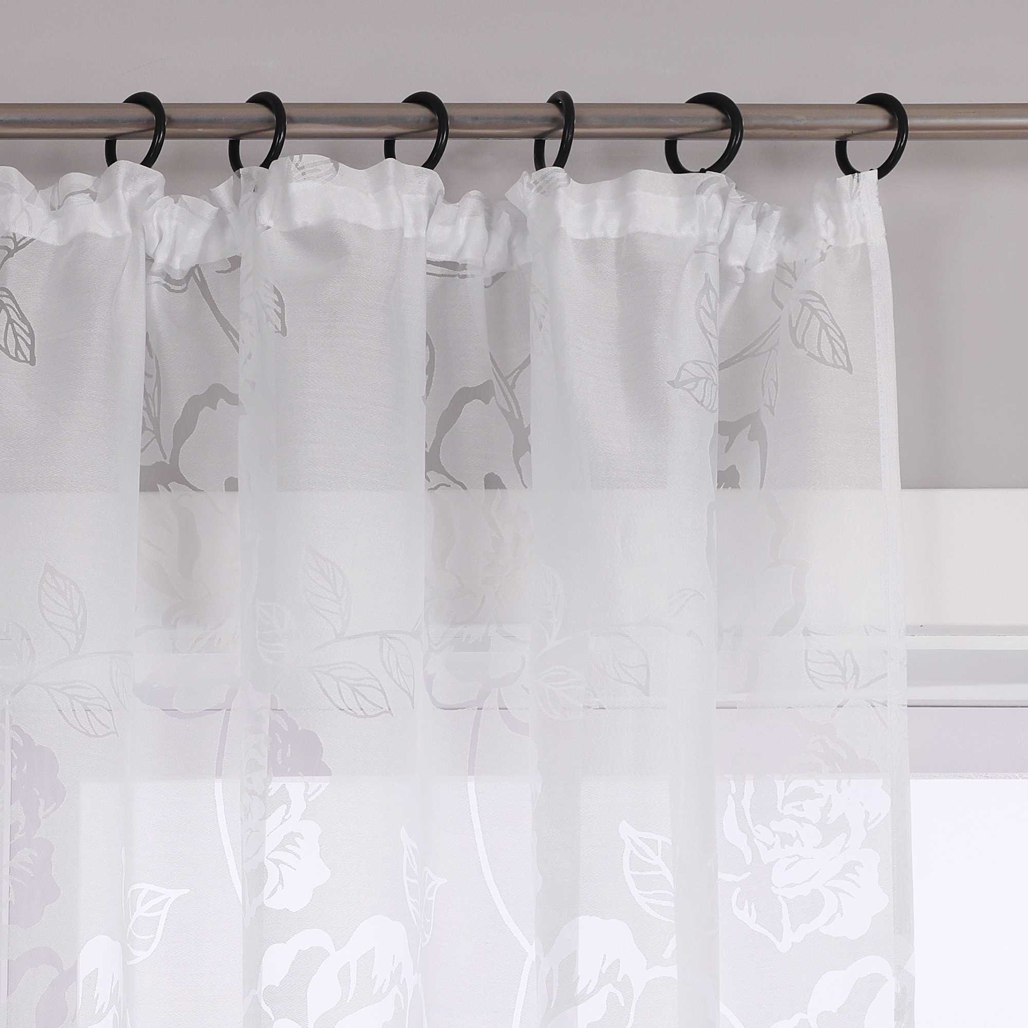 Curtain with Curtain Tape Burnout Fabric with Rose Pattern Sheer White 1 Piece