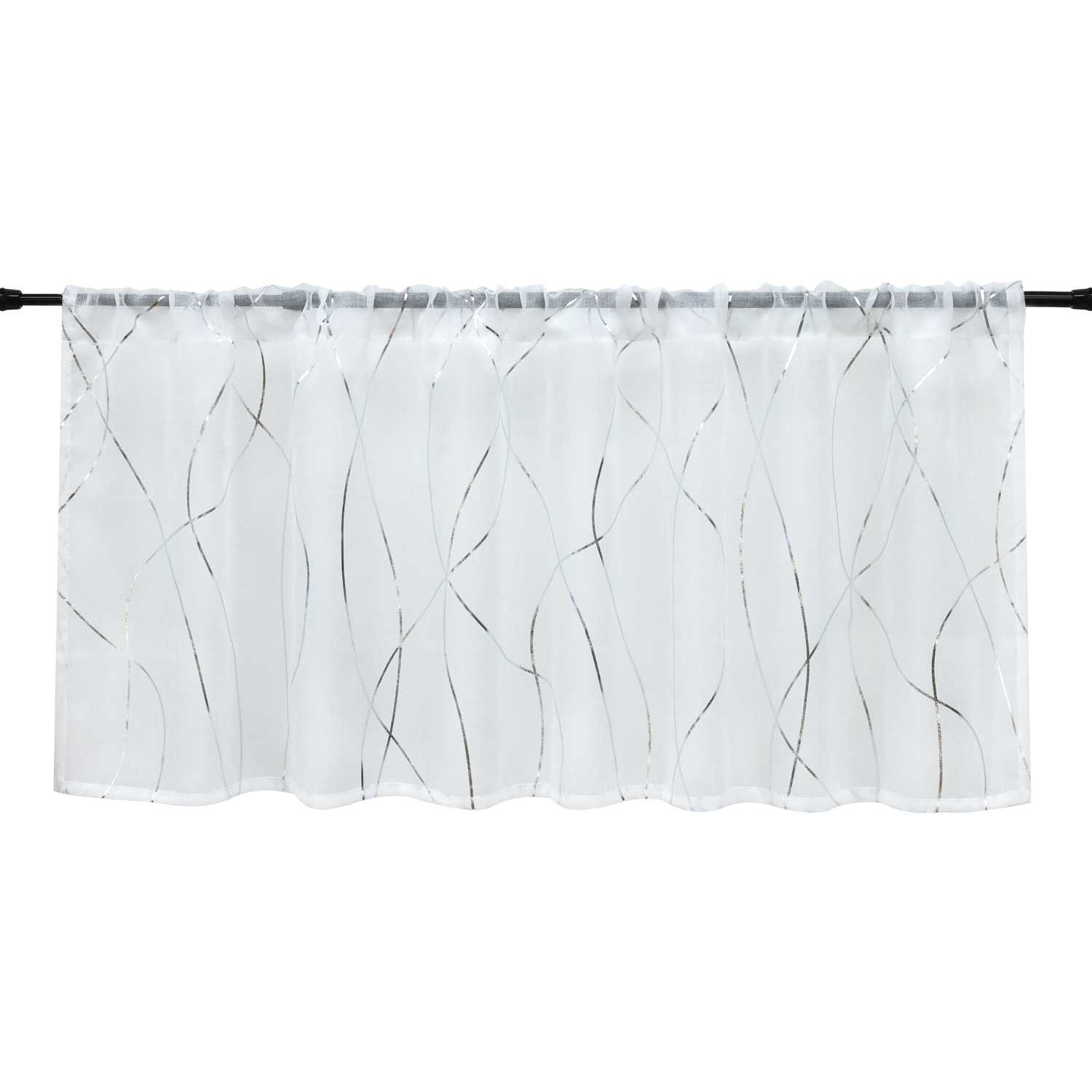 Cafe Curtain with Rod Pocket Country Style Wave Stripes - Silver, H x W 45 x 90cm